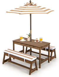 HONEY JOY Kids Picnic Table Bench Set, Wooden Kids Outdoor Furniture with Umbrella, Sponge Cushions