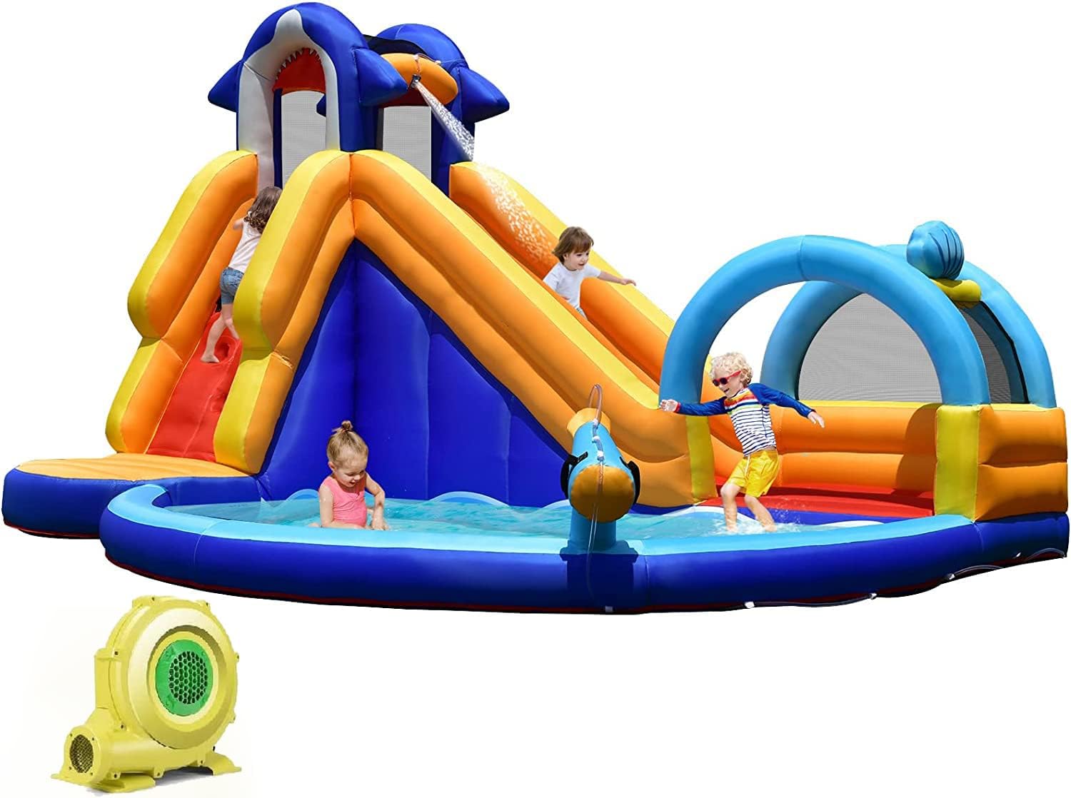 HONEY JOY Inflatable Water Slides, Shark Theme Bouncy House with Slide, Splash Pool