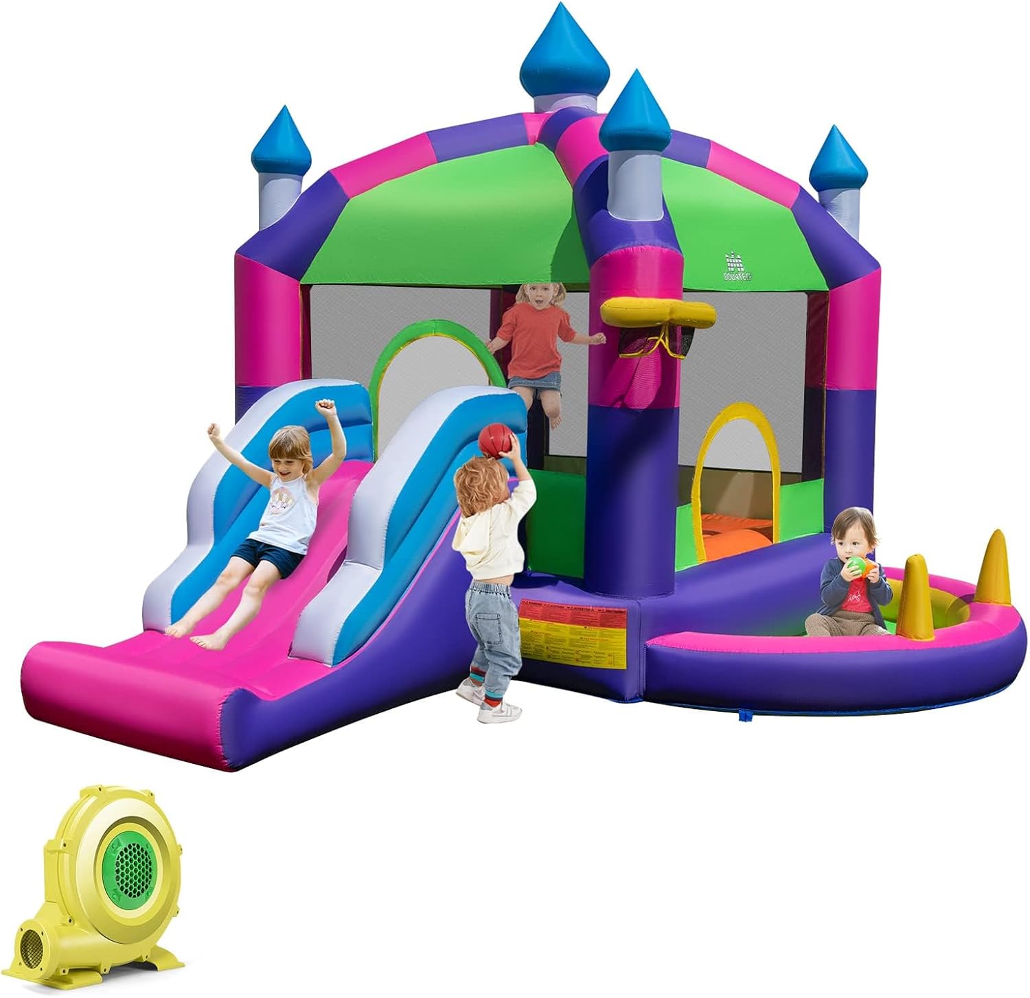 HONEY JOY Inflatable Bounce House, 5-in-1 Jumping Castle w/Sun Roof, Slide, Basketball Hoop