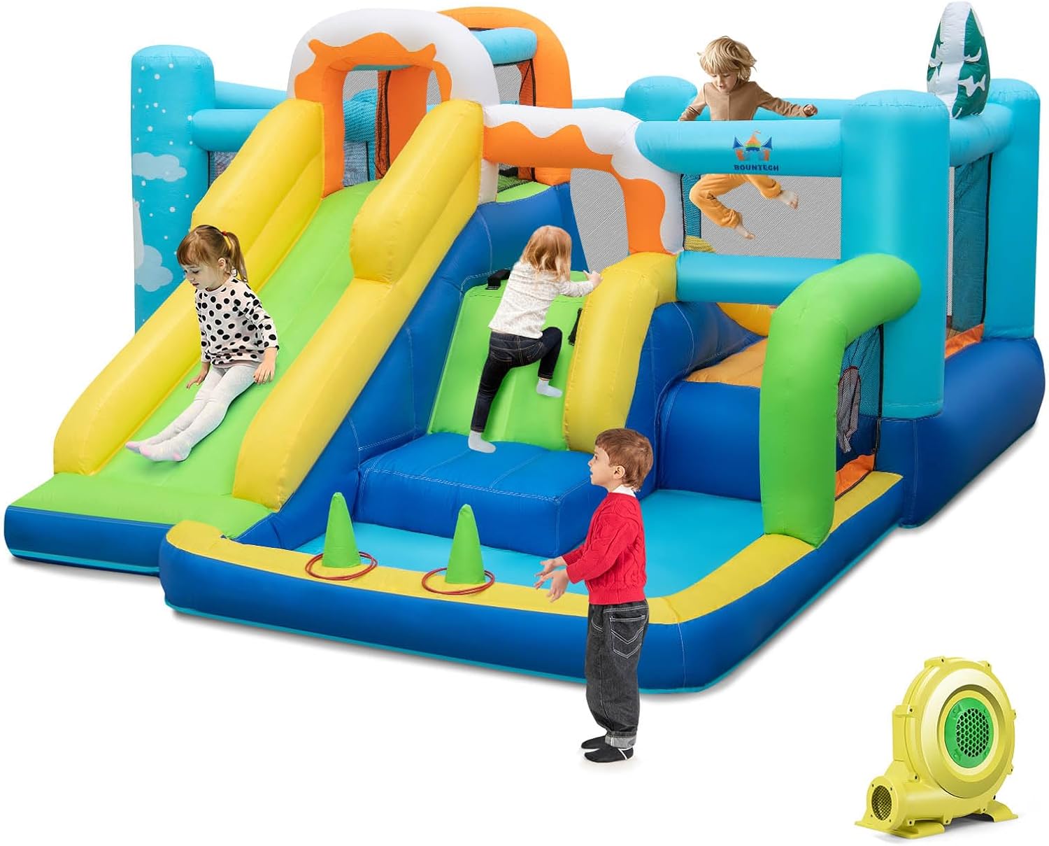 HONEY JOY Kids Inflatable Water Slide, 7-in-1 Outdoor Kids Jumping Castle w/Long Slide