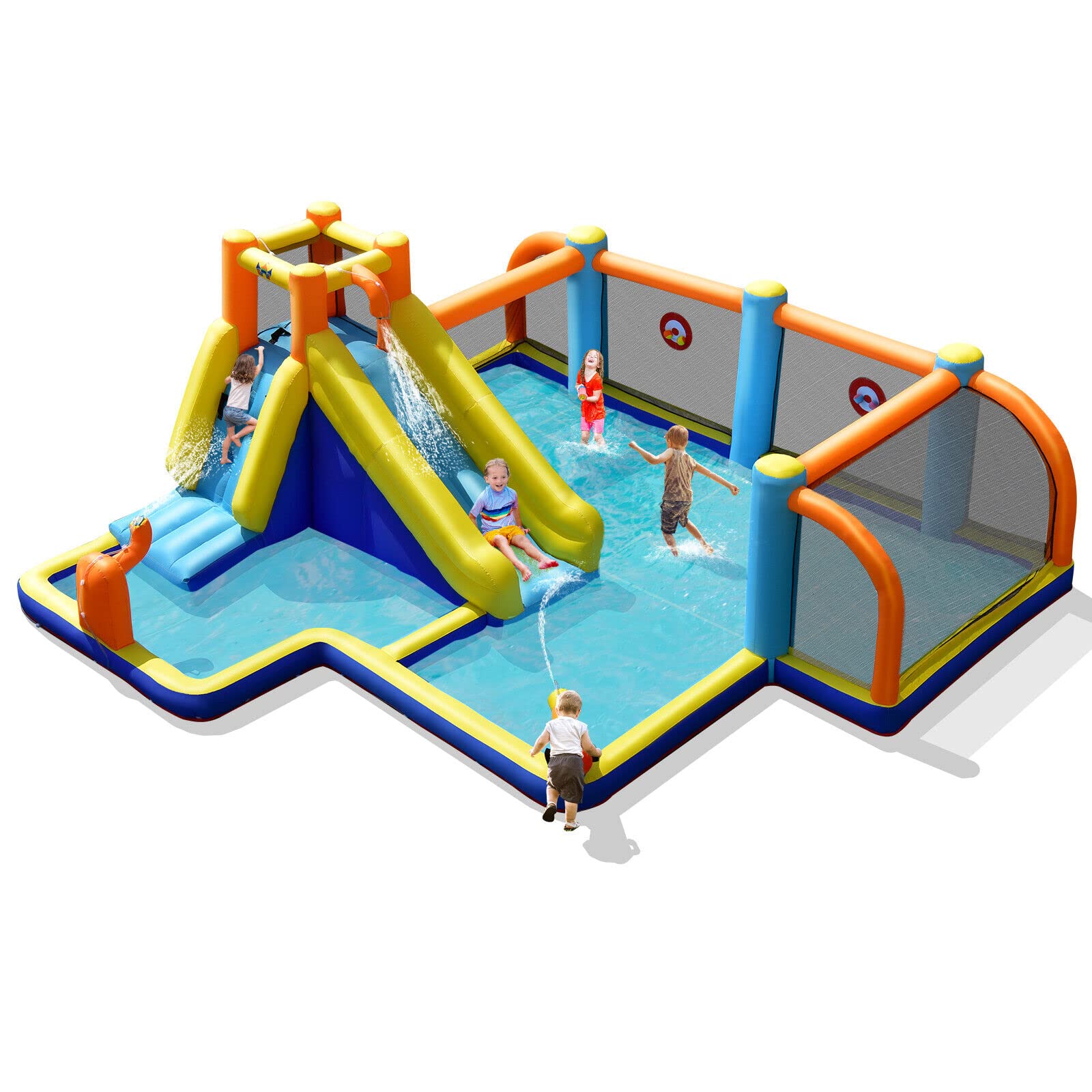 Inflatable Water Slide, 7-in-1 Long Slide Giant Water Park Wet Dry Combo with Water Soccer Splash Pool