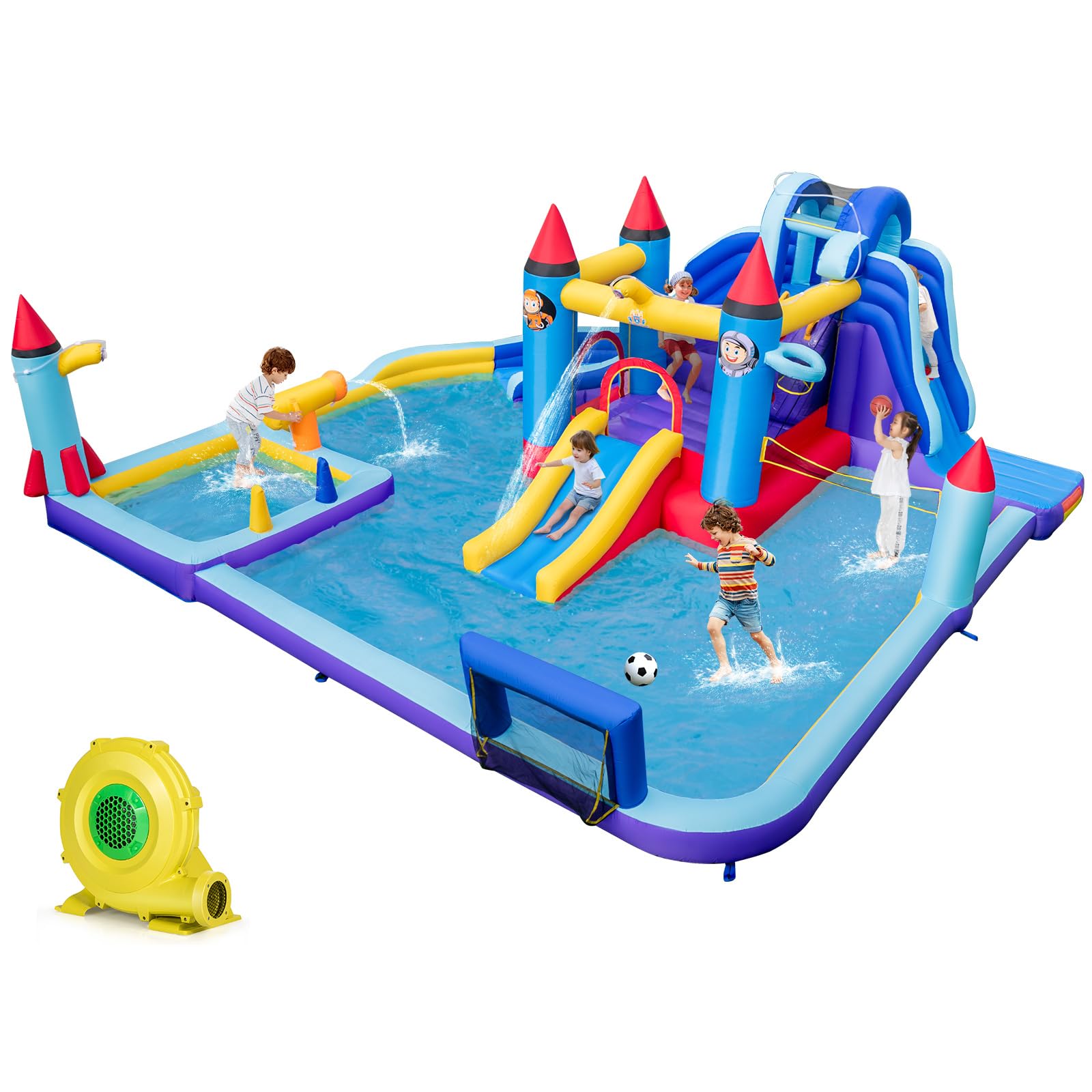 Inflatable Water Slide Park, Kids Inflatable Jumping Castle w/2 Slides, Splash Pool, Jumping Area