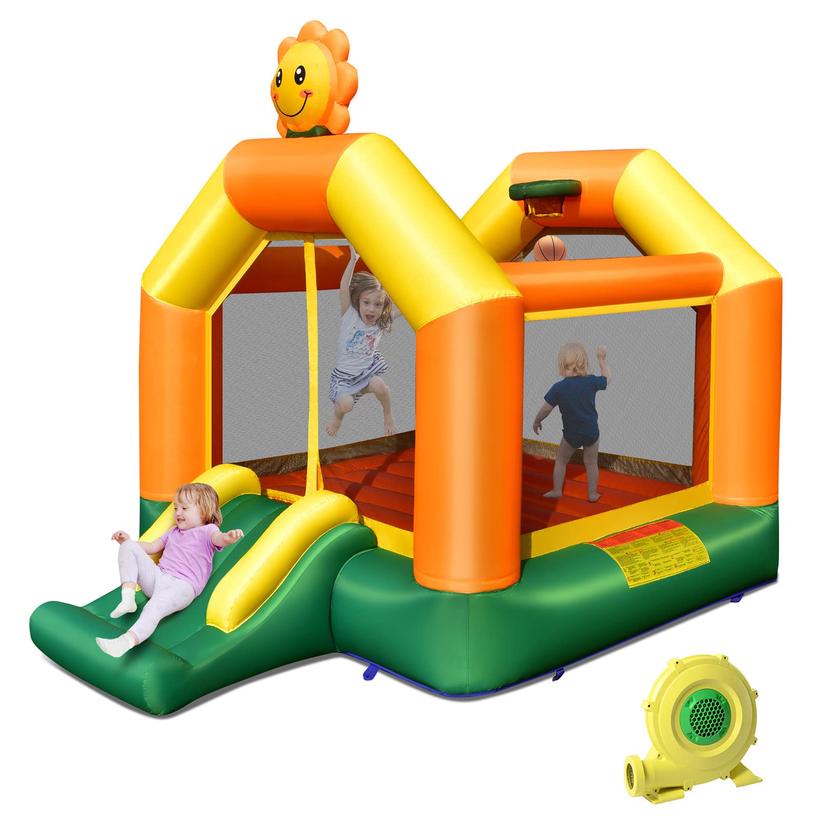 HONEY JOY Inflatable Bounce House, Sunflower Theme Jumping Slide Bouncer (with 450W Blower)