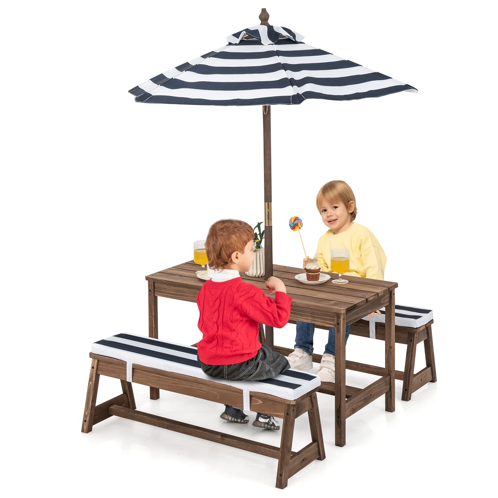 HONEY JOY Kids Picnic Table Bench Set, Wooden Kids Outdoor Furniture with Umbrella, Sponge Cushions