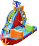 HONEY JOY Inflatable Waterslide, 6-in-1 Pirate Ship Bounce House w/Long Slide, Climbing Wall