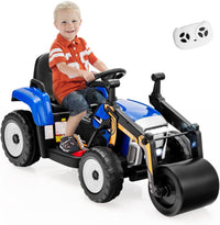 HONEY JOY Ride on Car, 12V Road Roller with Remote Control, Battery Powered Electric Tractor w/Adjustable Drum Roller