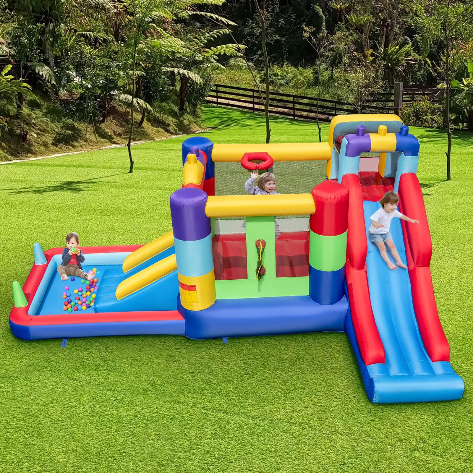 Inflatable Bounce House, Backyard Kids Jumping Castle w/2 Slides, Basketball Hoop, Ball Pool