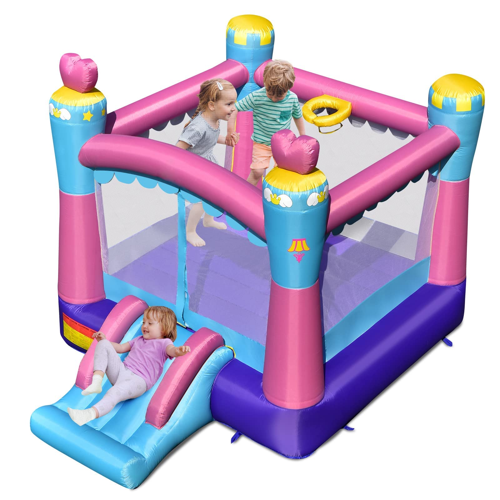 HONEY JOY Inflatable Jumping Castle, 3-in-1 Princess Theme Kids Bounce House w/Fun Slide, Basketball Rim (without Blower)