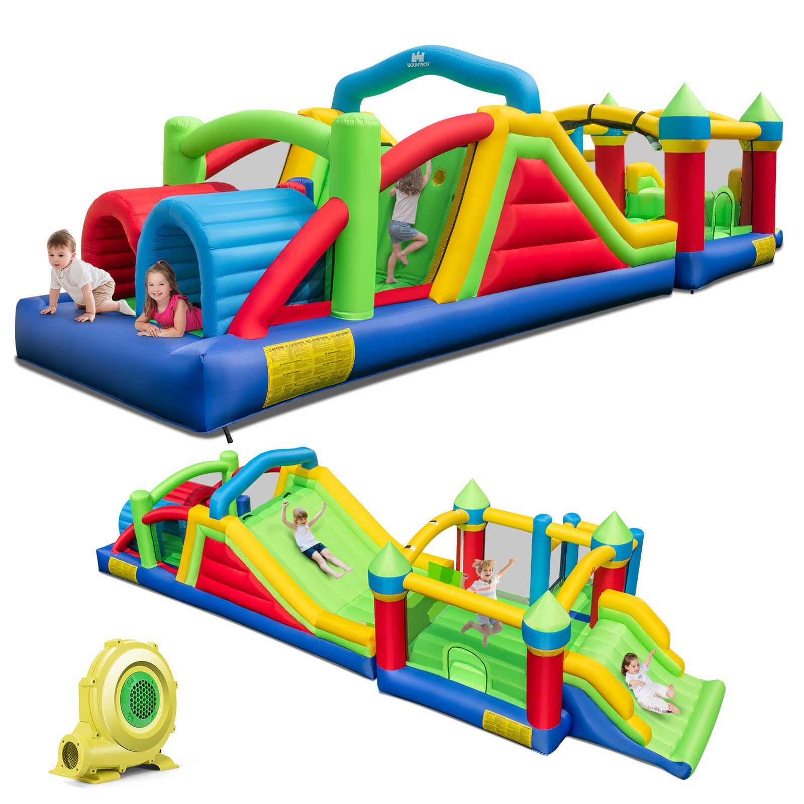 HONEY JOY Inflatable Obstacle Course Bounce House, Kids Sectional Blow up Castle with Dual Slides (Without Blower/With 680W Blower)