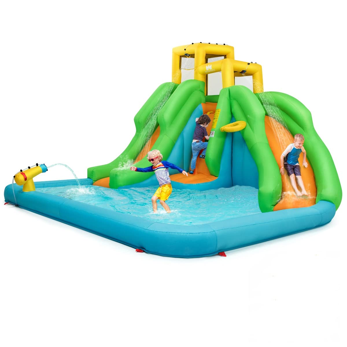 HONEY JOY Inflatable Water Slide, 6 in 1 Inflatable Castle Water Park w/Climbing Wall, Basketball Rim