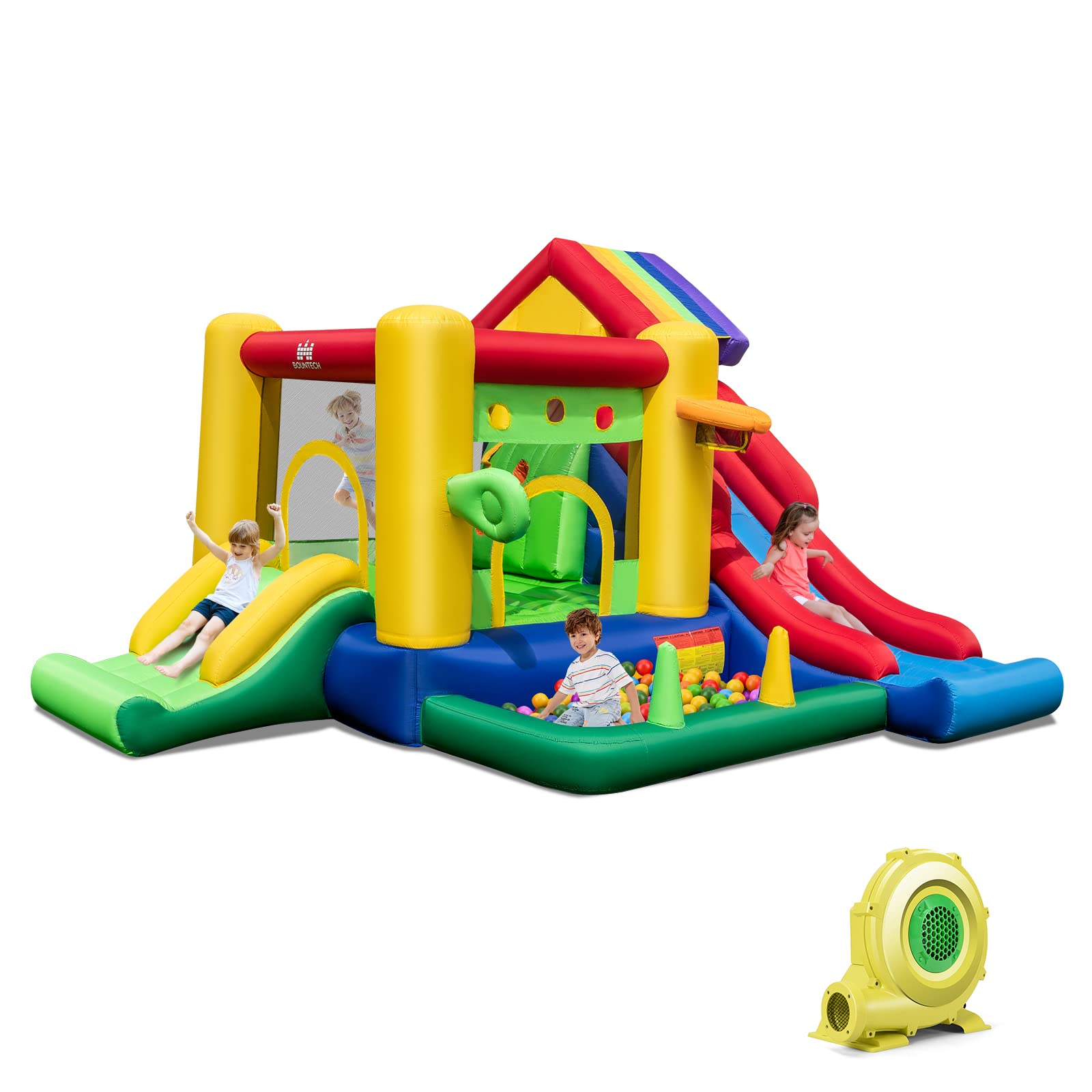 7-In-1 Inflatable Bounce House, Rainbow Jumping Castle w/Ball Pit, Double Slides (With 680W Blower)