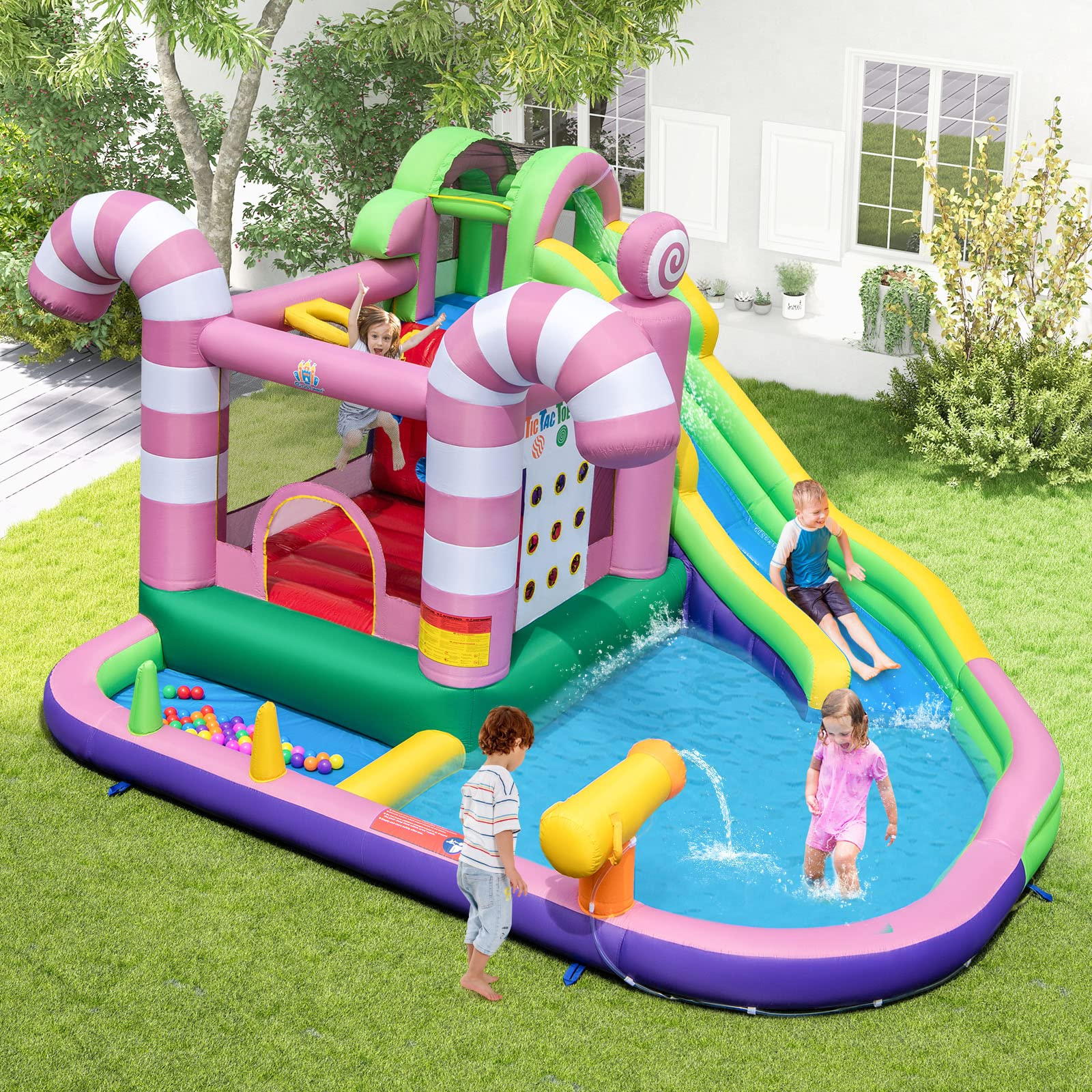 HONEY JOY Inflatable Water Slide, Wet Dry Inflatable Water Park Jumping Castle w/Long Slide, Splash Pool