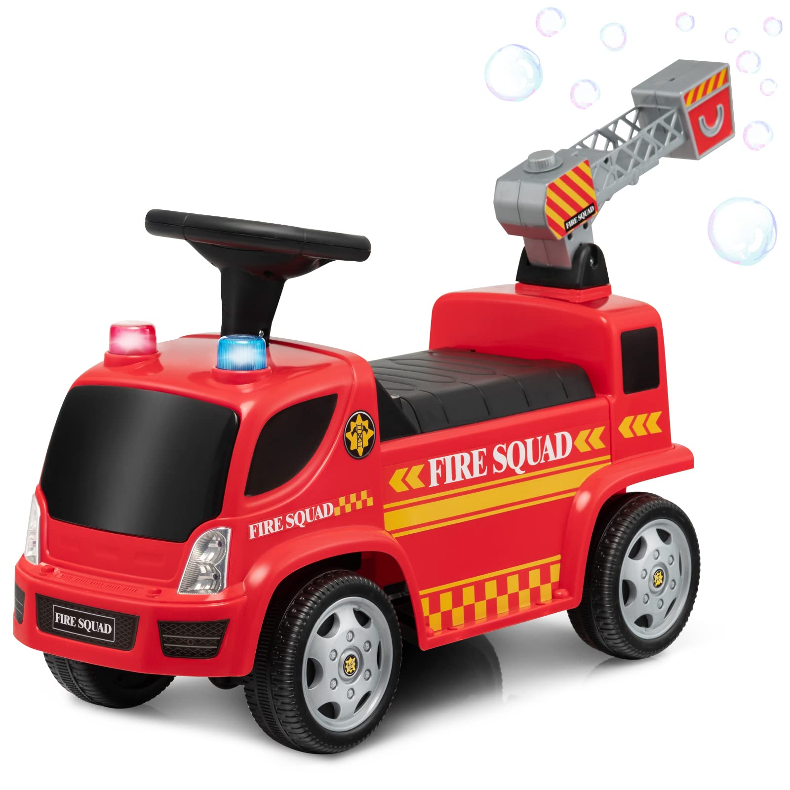 HONEY JOY Kids Ride On Car, Prentend Play Ride On Fire Engine Truck w/Bubble Maker, Bright Lights