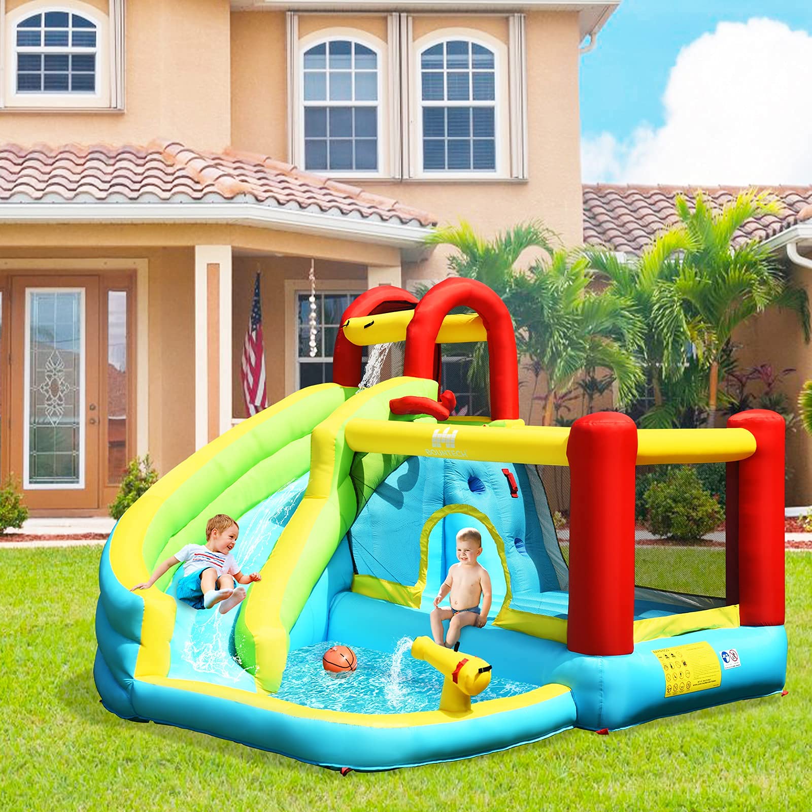 HONEY JOY Inflatable Water Slide, 6 in 1 Jumping Bounce House w/Climbing Wall, Splash Pool(without Blower)