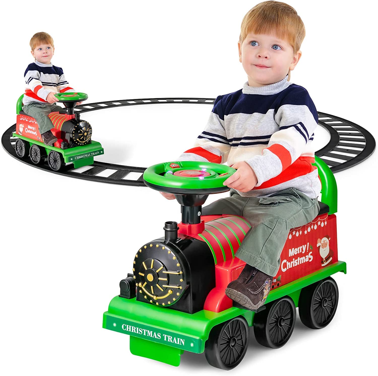 HONEY JOY Ride on Train Track, 6V Electric Ride on Train with Tracks, Storage Seat, Flashing Lights & Music