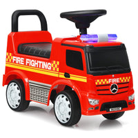 HONEY JOY Kids Ride On Car, Benz Licensed Fire Engine w/Storage Space, Steering Wheel, Backrest, Red