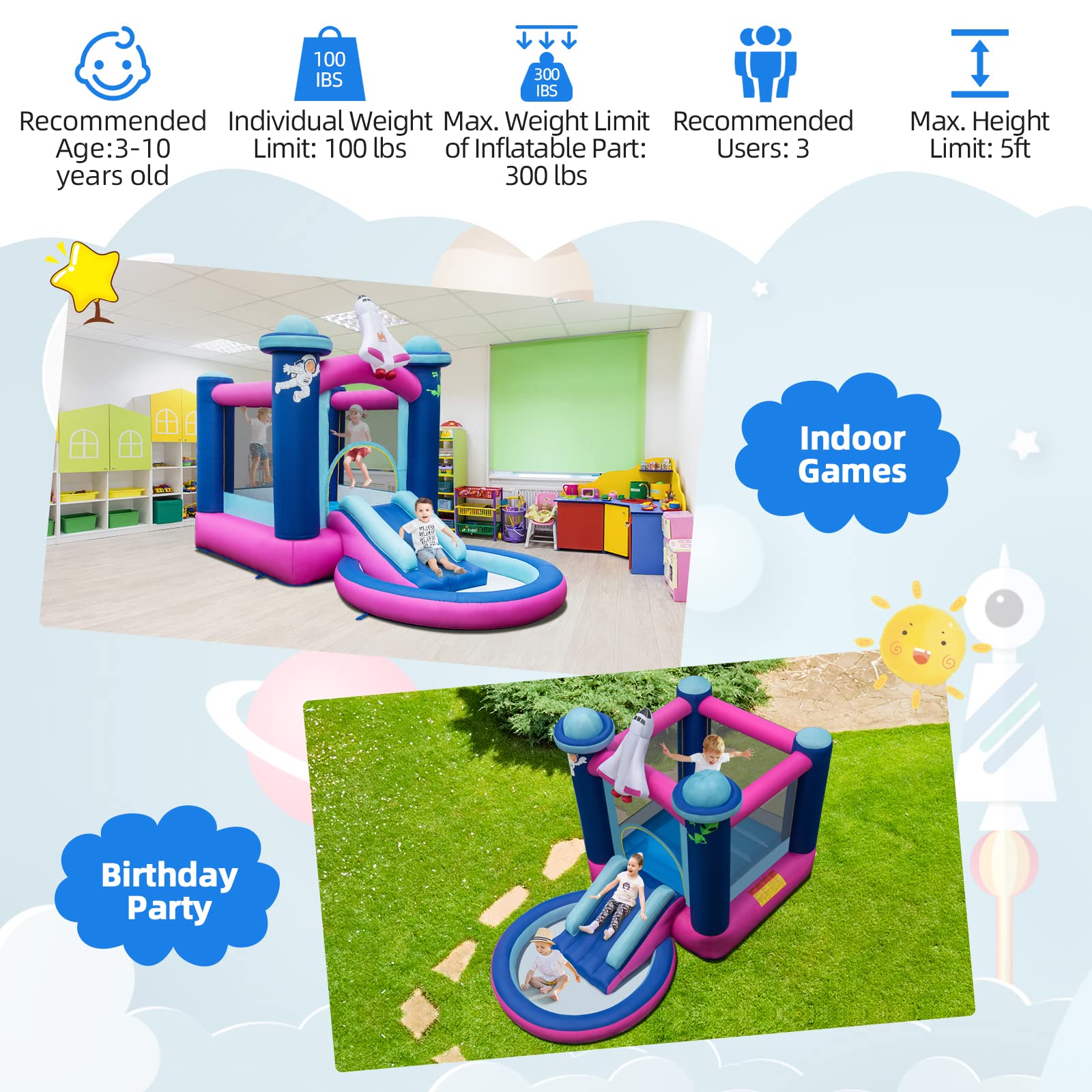 HONEY JOY Inflatable Bounce House, Space-Themed Kids Inflatable Castle