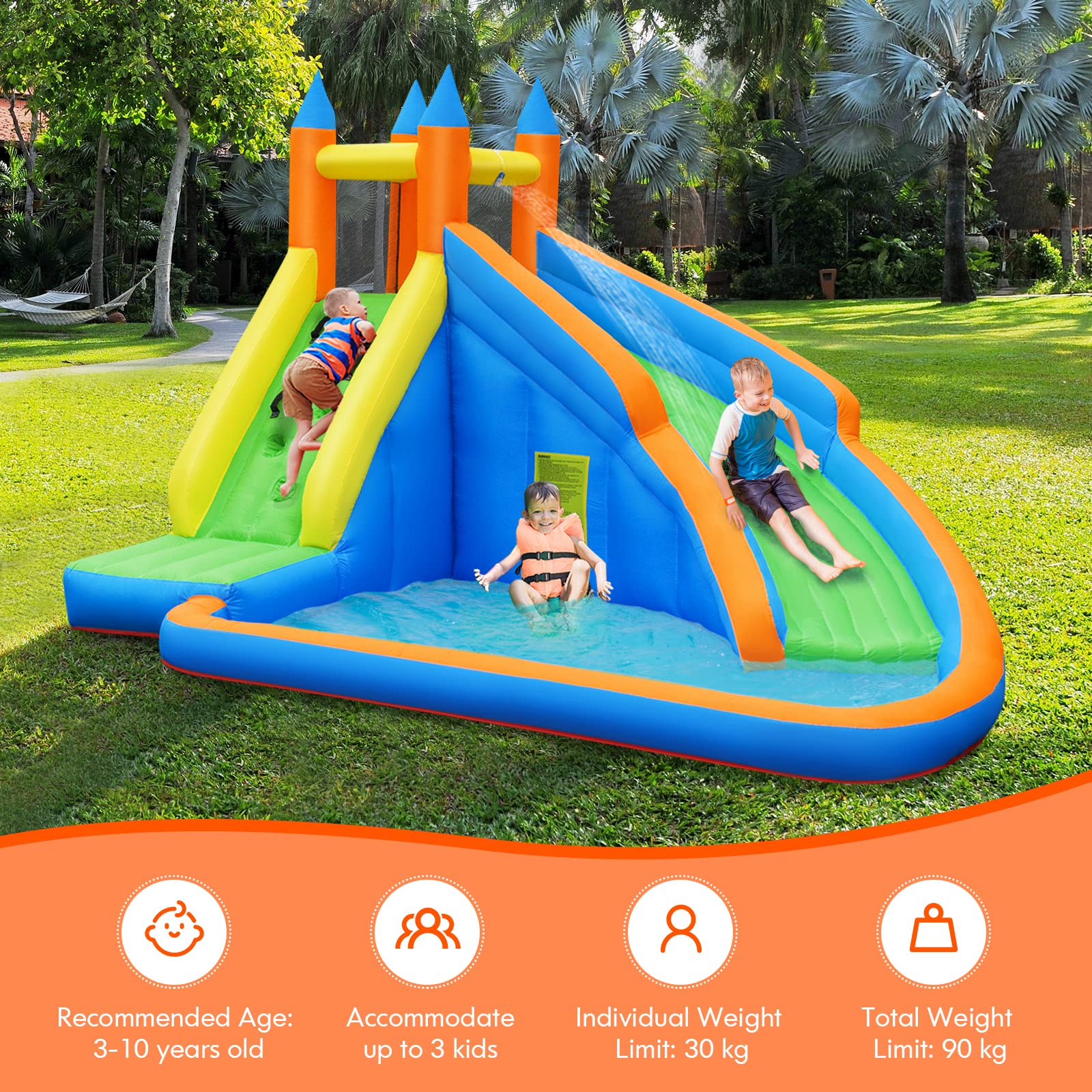 Inflatable Water Slide Bouncer, Children Wet & Dry Bounce House with Climbing Wall