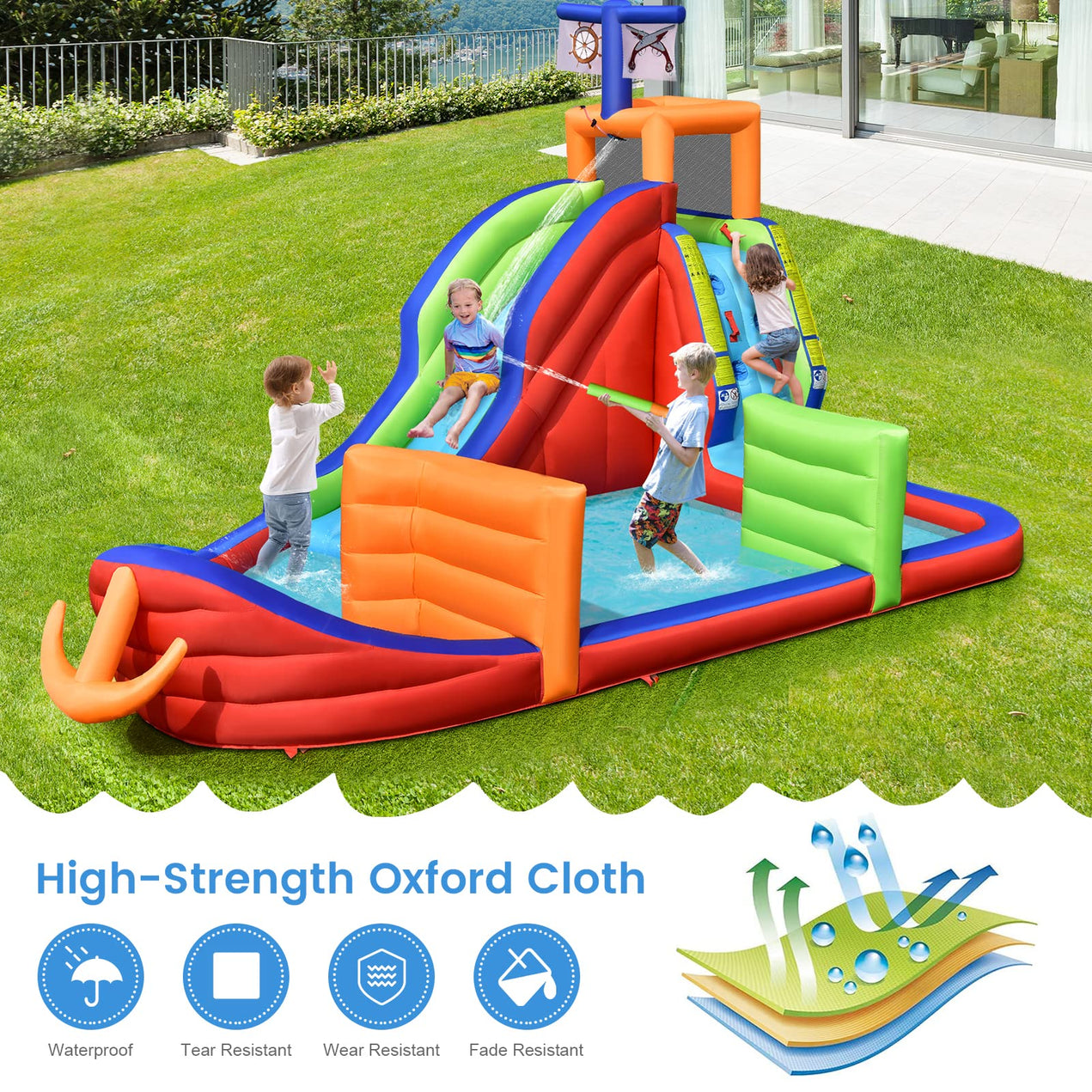 HONEY JOY Inflatable Waterslide, 6-in-1 Pirate Ship Bounce House w/Long Slide, Climbing Wall