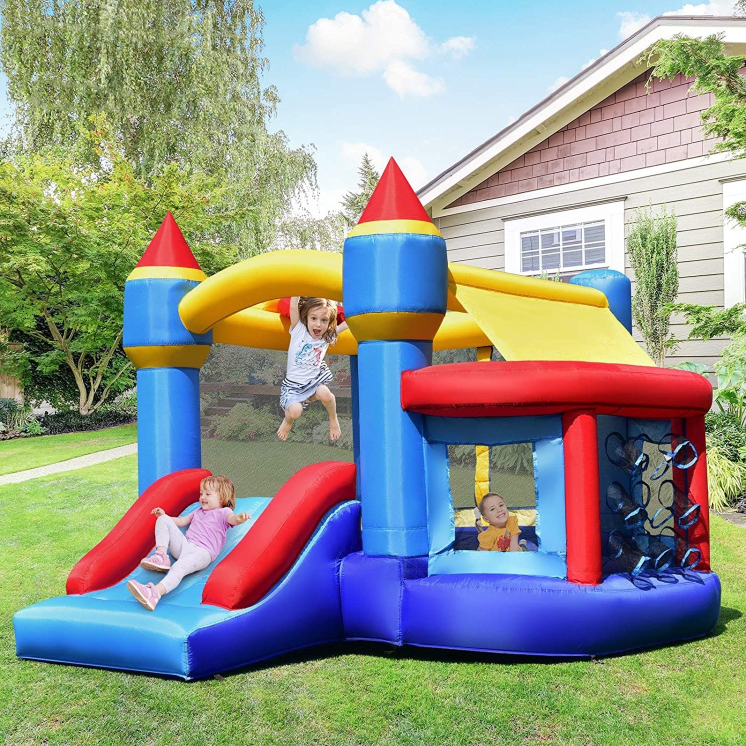 5-in-1 Inflatable Bounce House, Kids Jumper Bouncer w/Slide, Ball Shooting Area, 50 Ocean Balls