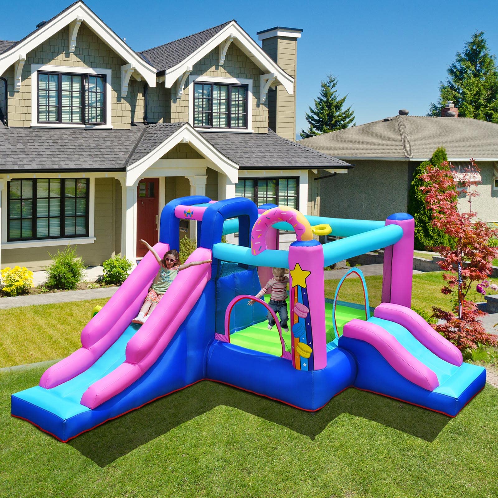 HONEY JOY Inflatable Bounce House, 5 in 1 Kids Jumper Bouncer w/2 Slides, Jumping Area