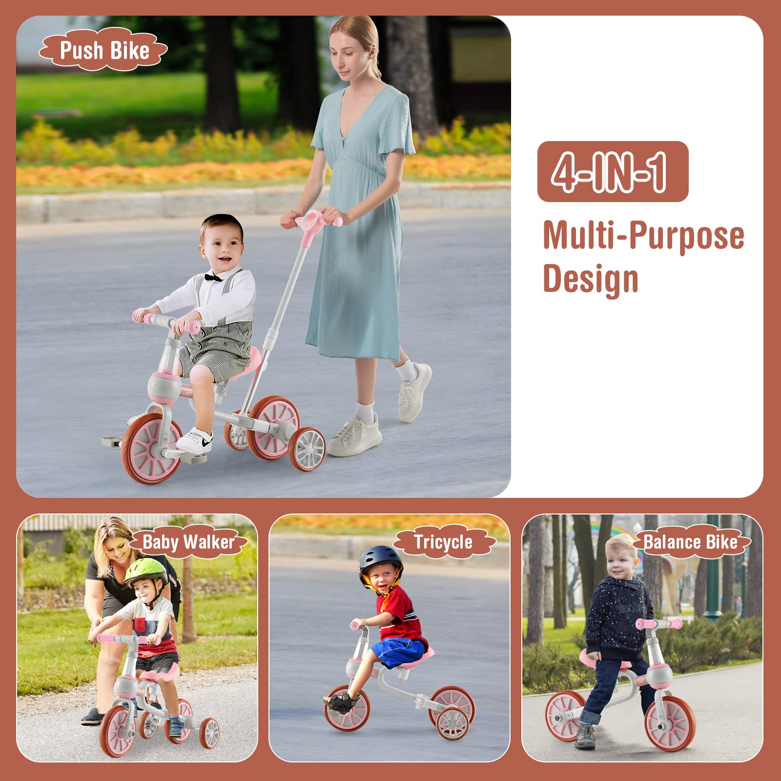 HONEY JOY 4-in-1 Toddler Tricycle, Kids Training Balance Bike w/Adjustable Parent Handle