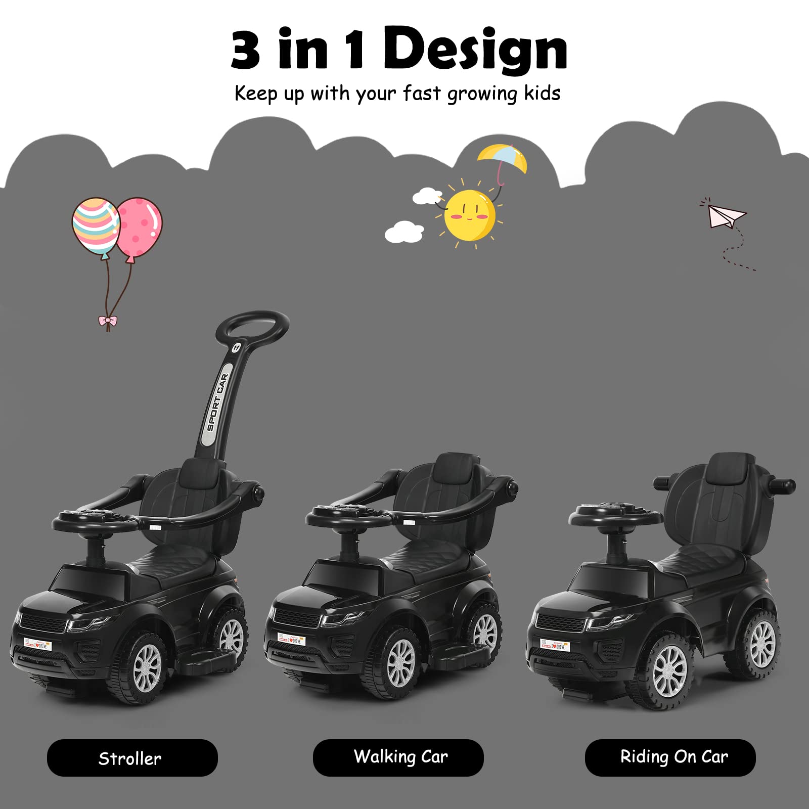 HONEY JOY 3 in 1 Kids Ride On Push Car, Stroller Sliding Walking Car with Horn, Music, Light