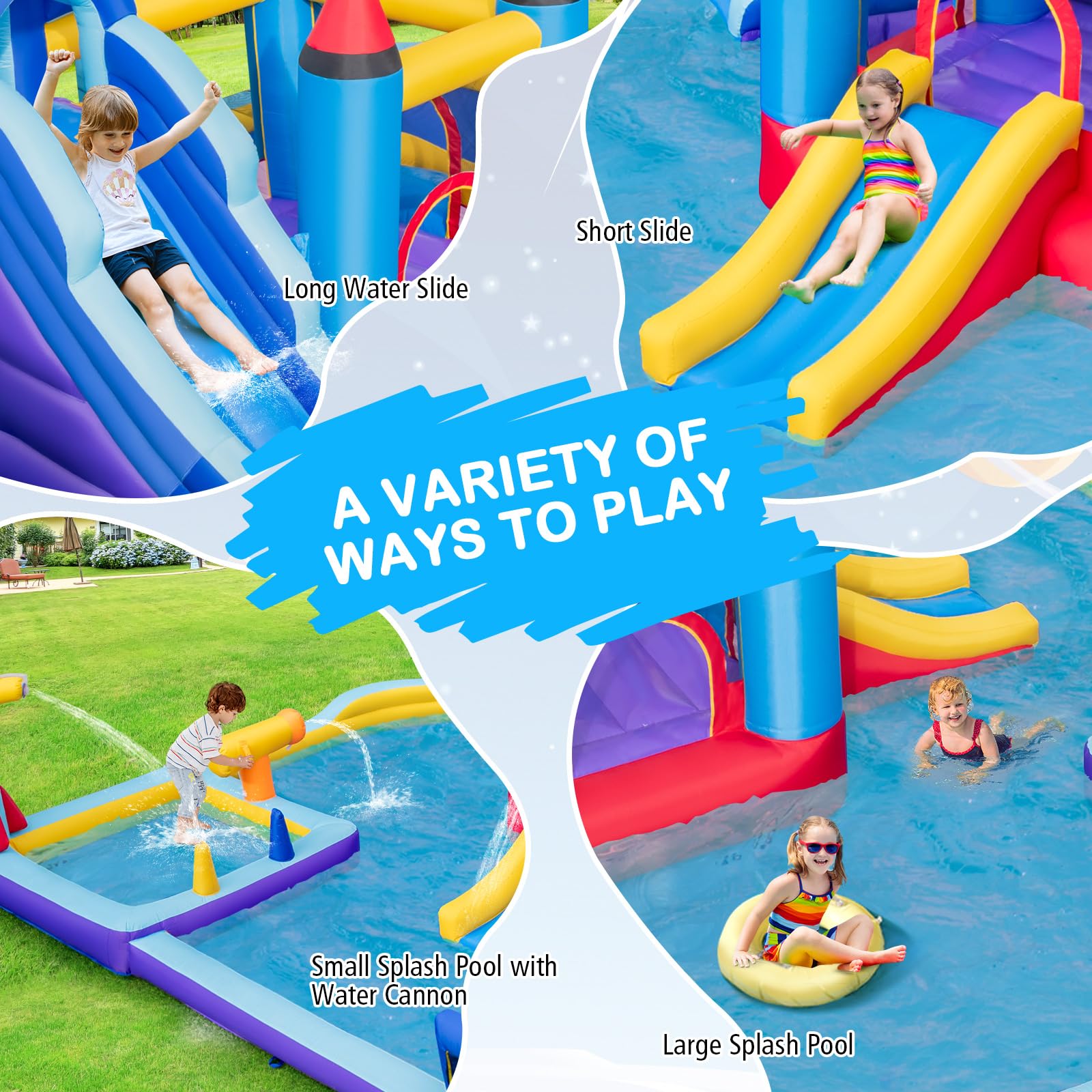 Inflatable Water Slide Park, Kids Inflatable Jumping Castle w/2 Slides, Splash Pool, Jumping Area