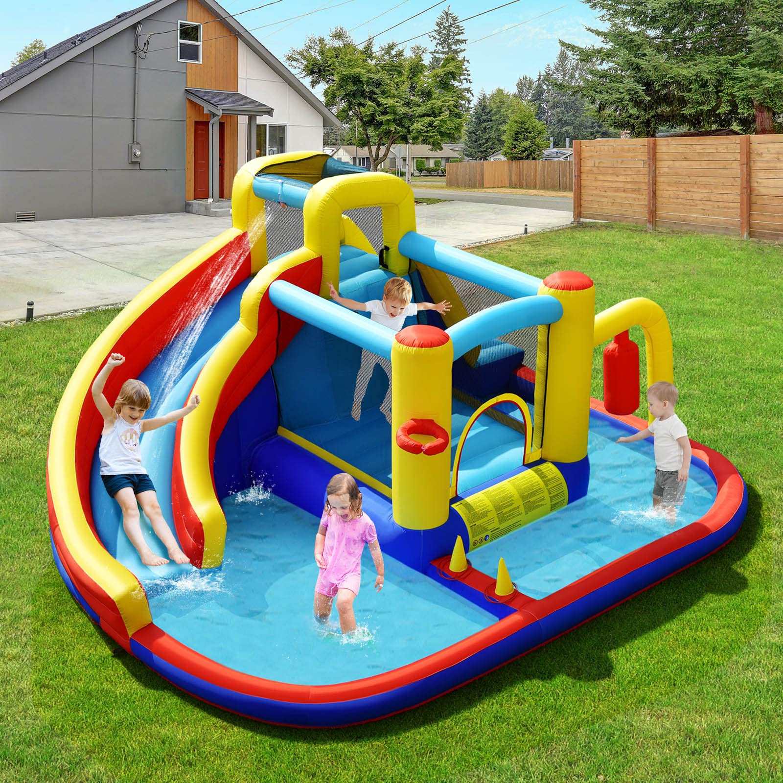 HONEY JOY Inflatable Water Slide, 7-in-1 Outdoor Kids Water Bounce House Jumping Castle(with 680W Blower)