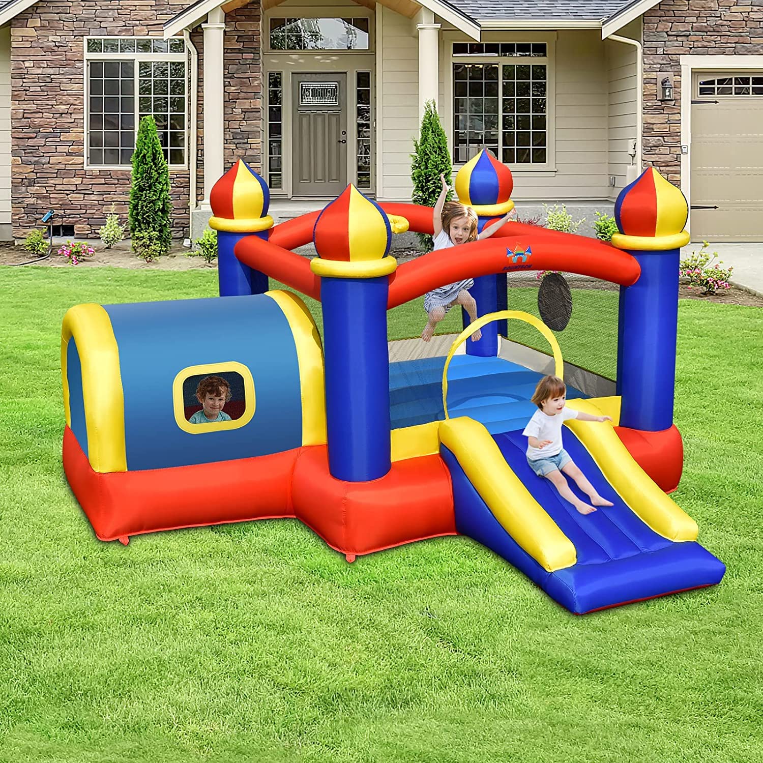 HONEY JOY Inflatable Bounce House, 5 in 1 Bouncy Castle for Kids with Playhouse(with 450W Blower)