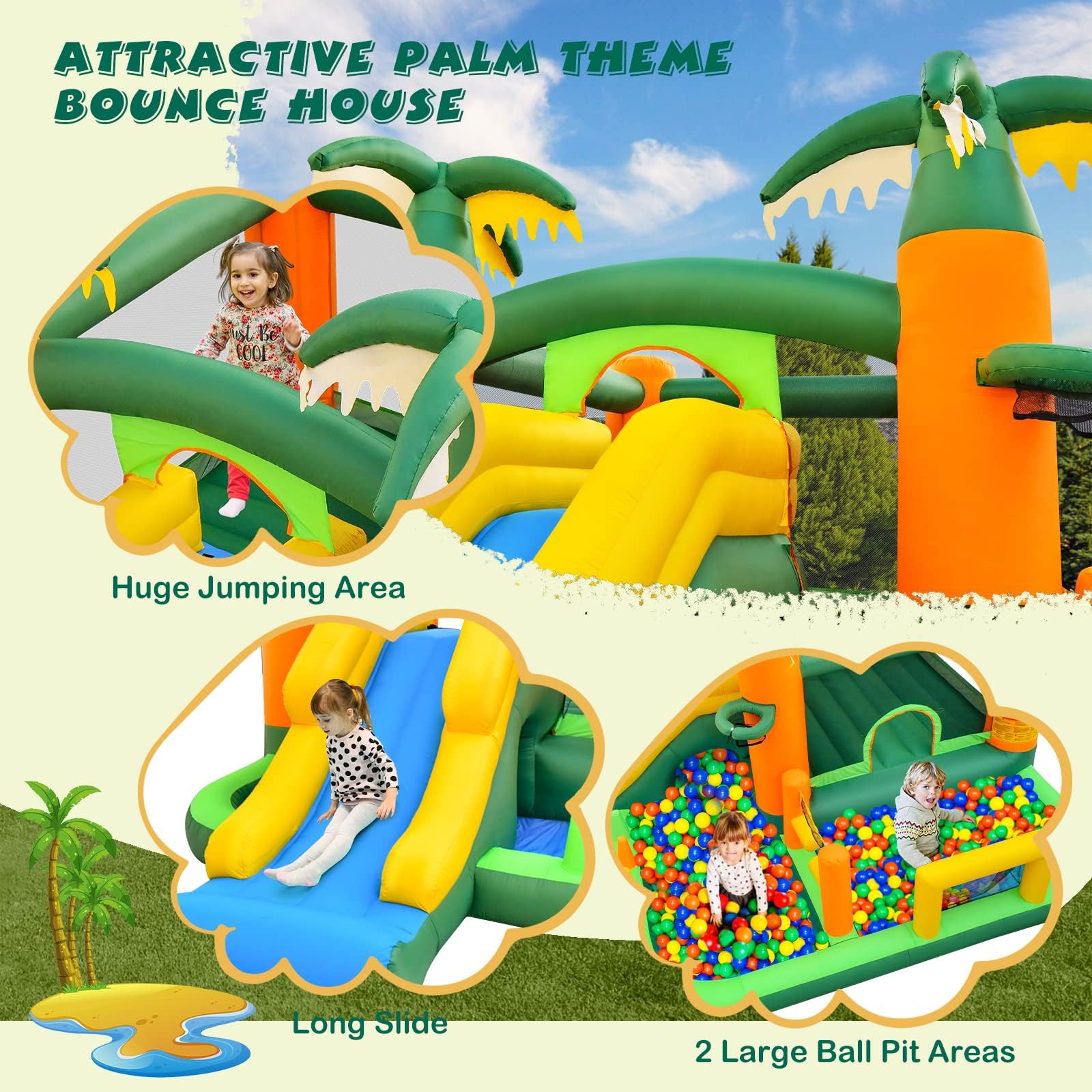 HONEY JOY 8-in-1 Kids Inflatable Bounce House, Tropical Palm Theme Jumping Castle w/2 Ball Pit Pools (with 680W Blower)