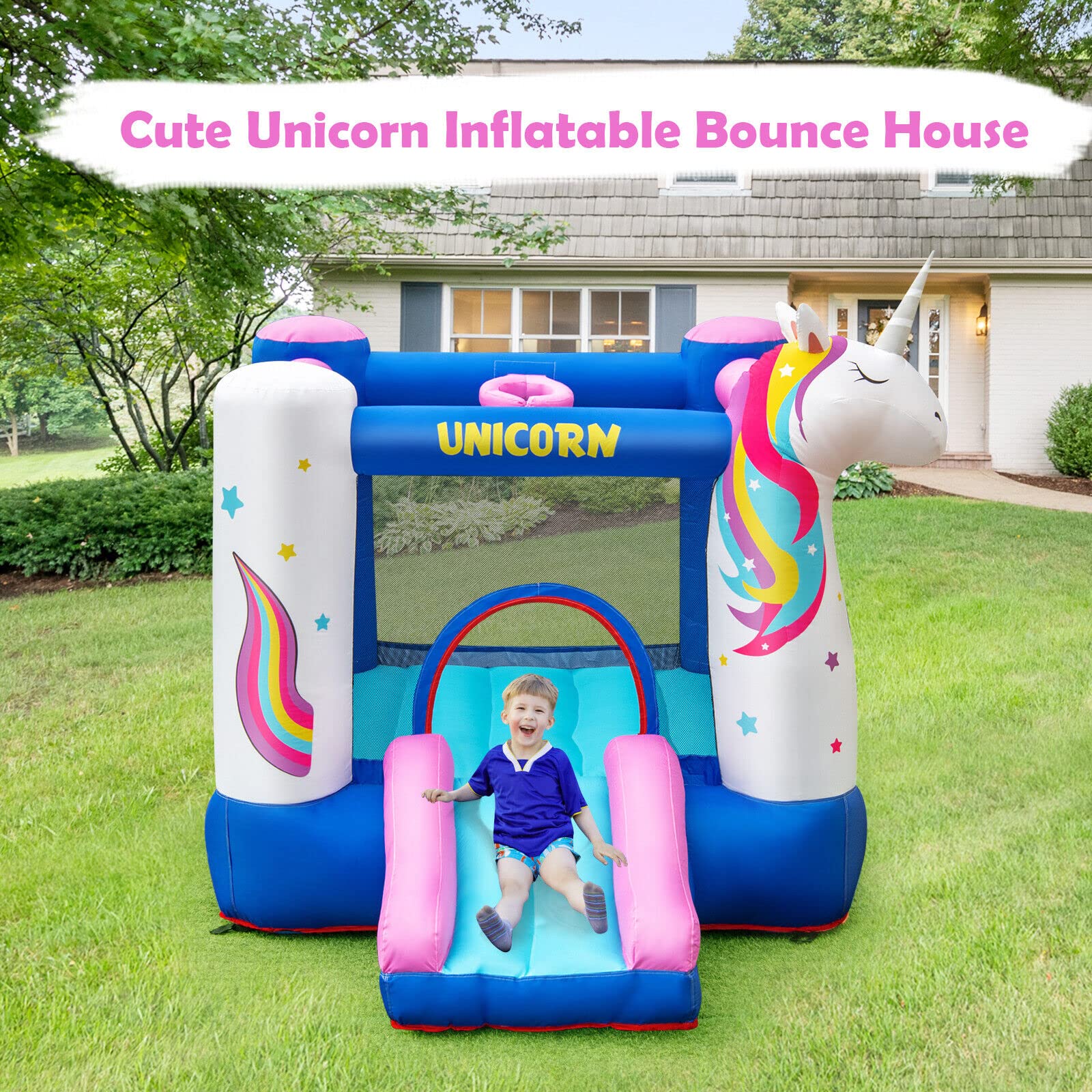 HONEY JOY Inflatable Bounce House, 3 in 1 Jumping Castle for Kids Indoor Outdoor Party (with Blower)