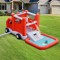 HONEY JOY Inflatable Water Slide, 4 in 1 Fire Truck Water Park Wet & Dry Combo