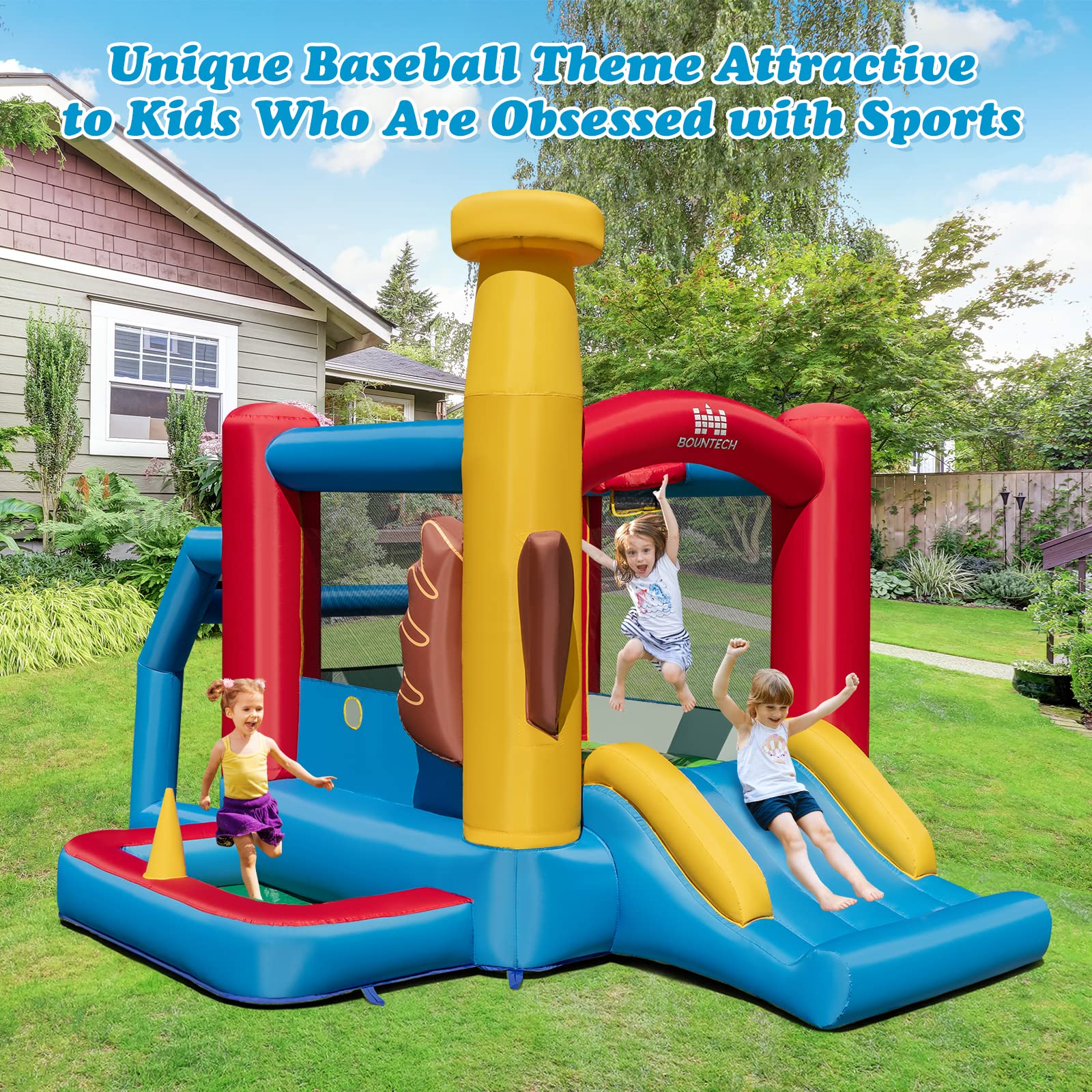 HONEY JOY Inflatable Bounce House, Kids Bouncy House Indoor Outdoor Party w/Jumping Area (with 680W Blower)