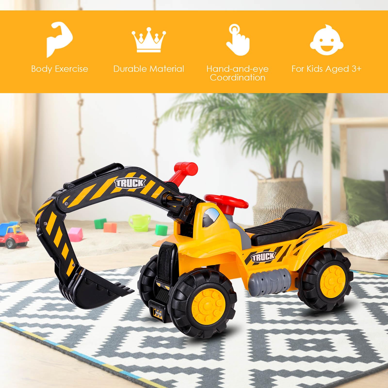 HONEY JOY Kids Ride On Excavator, Outdoor Digger Scooper Pulling Cart W/Safety Helmet Horn Underneath Storage