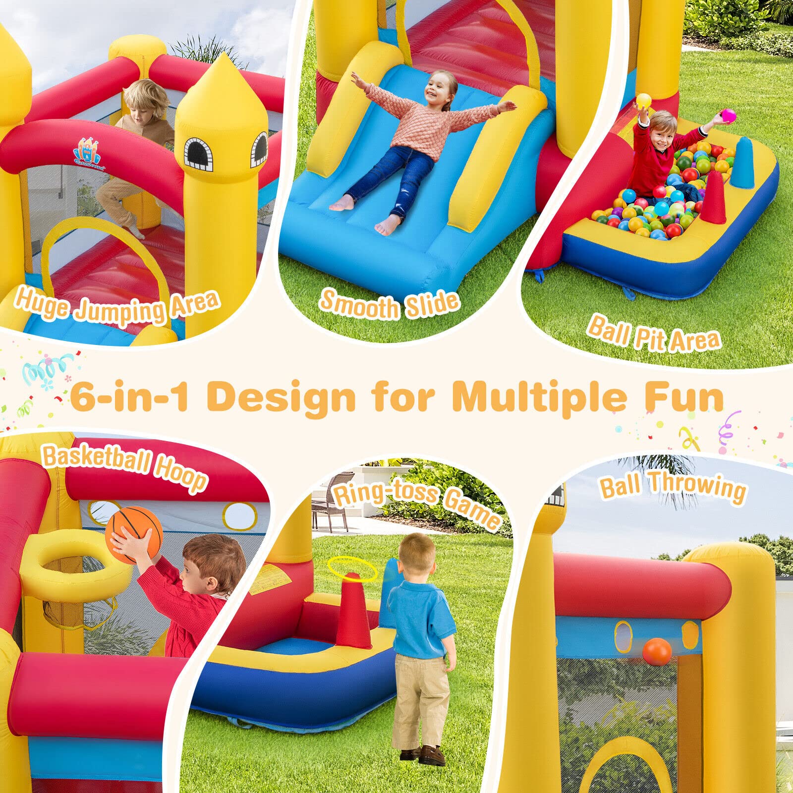 HONEY JOY Kids Inflatable Bounce House, 6-in-1 Indoor Outdoor Children Jumping Castle