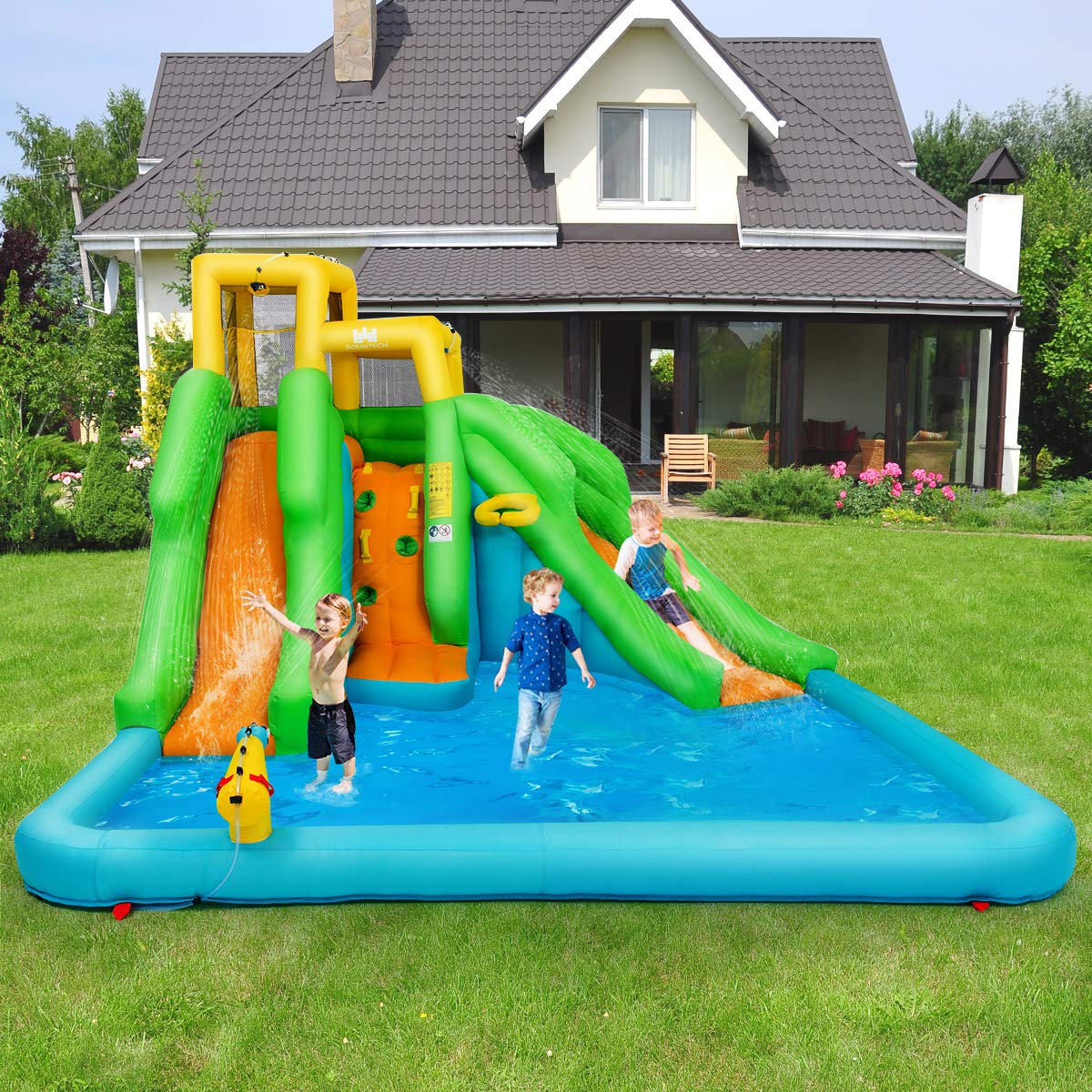 HONEY JOY Inflatable Water Slide, 6 in 1 Inflatable Castle Water Park w/Climbing Wall, Basketball Rim