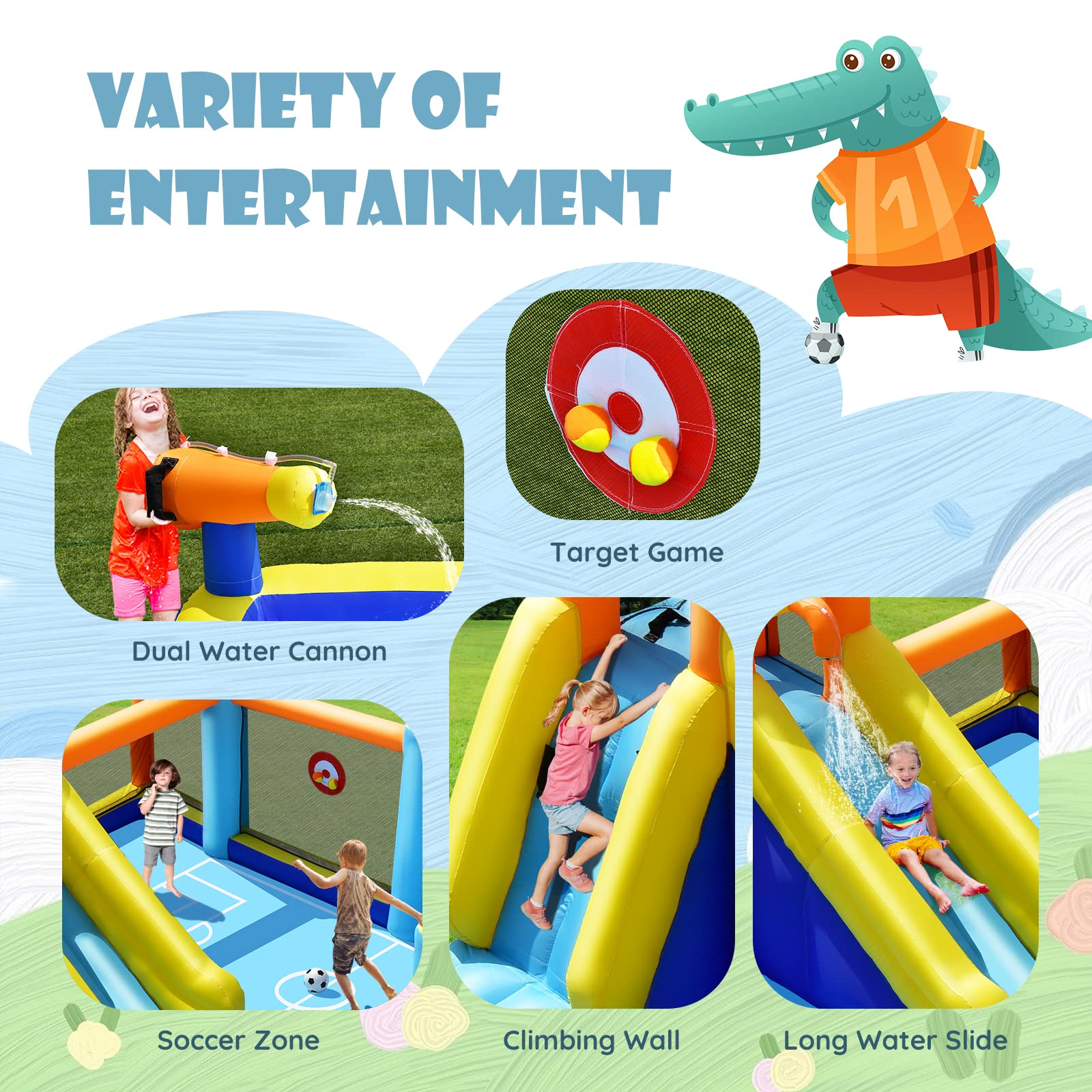 Inflatable Water Slide, 7-in-1 Long Slide Giant Water Park Wet Dry Combo with Water Soccer Splash Pool