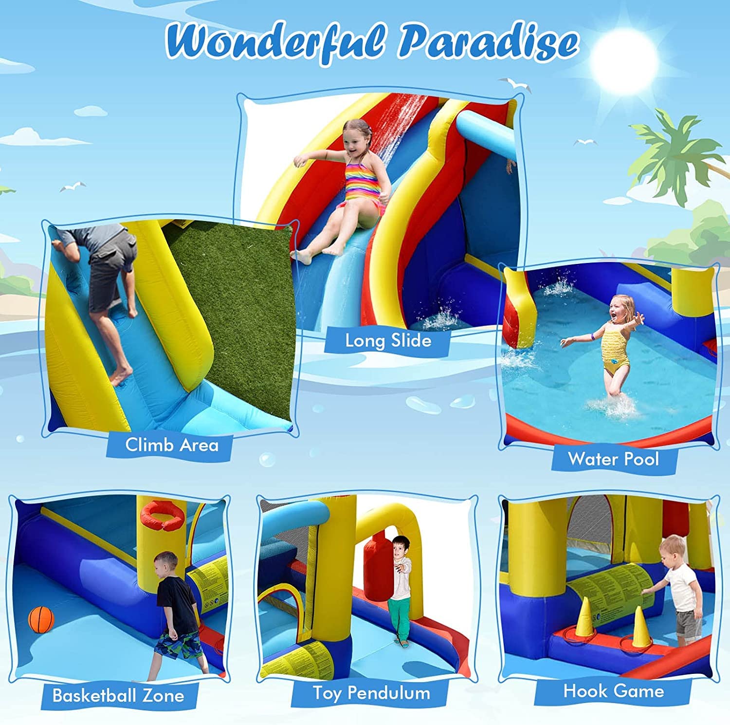 HONEY JOY Inflatable Water Slide, 7-in-1 Outdoor Kids Water Bounce House Jumping Castle(with 680W Blower)