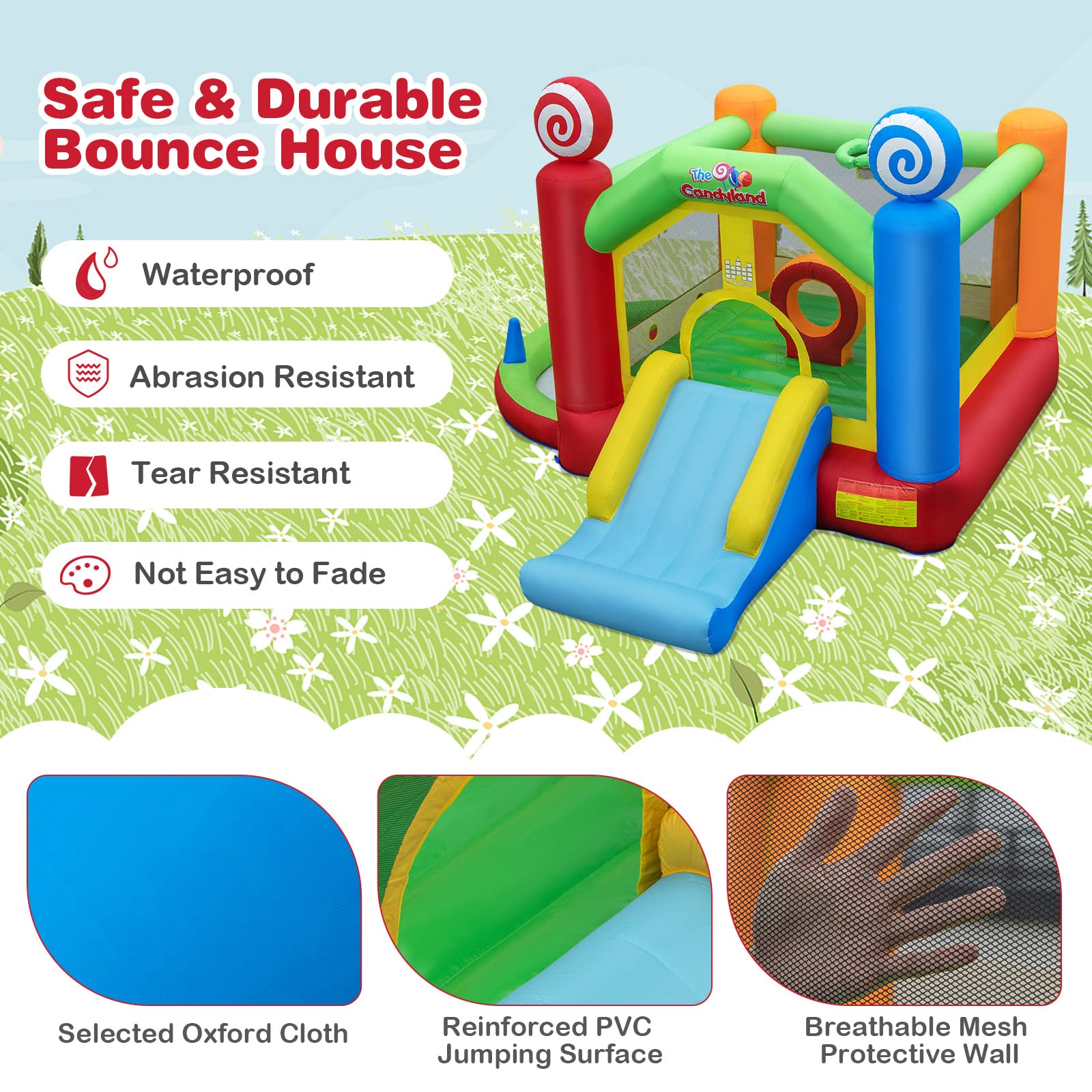 HONEY JOY Kids Inflatable Bounce House, Candy Theme Jumping Castle w/Jumping Area(with 680W Blower)