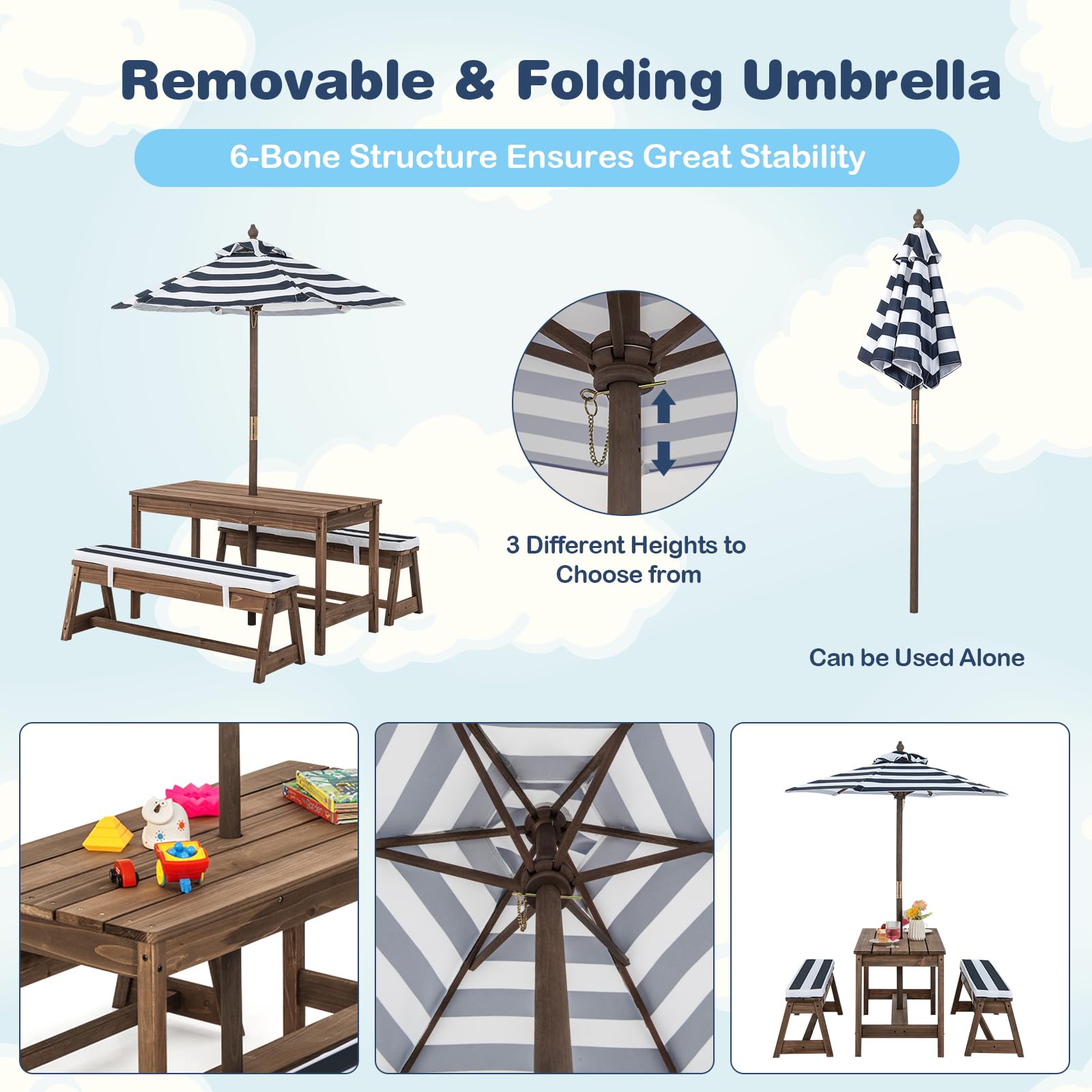 HONEY JOY Kids Picnic Table Bench Set, Wooden Kids Outdoor Furniture with Umbrella, Sponge Cushions