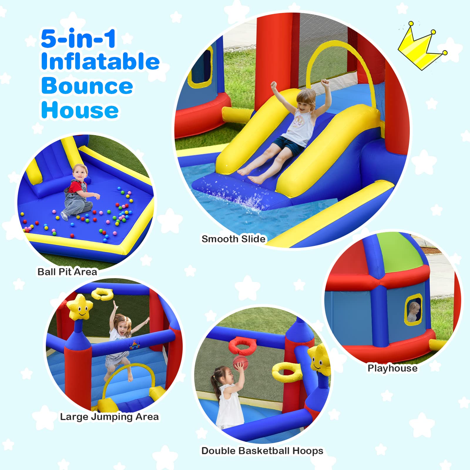 HONEY JOY Inflatable Bounce House with Playhouse, 5-in-1 Star Themed Bouncy Castle