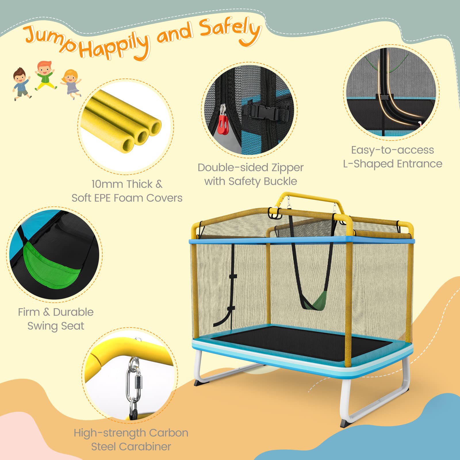 HONEY JOY 6FT Kids Trampoline, 3-in-1 Trampoline w/Swing & Horizontal Bar, Rectangle Toddler Trampoline