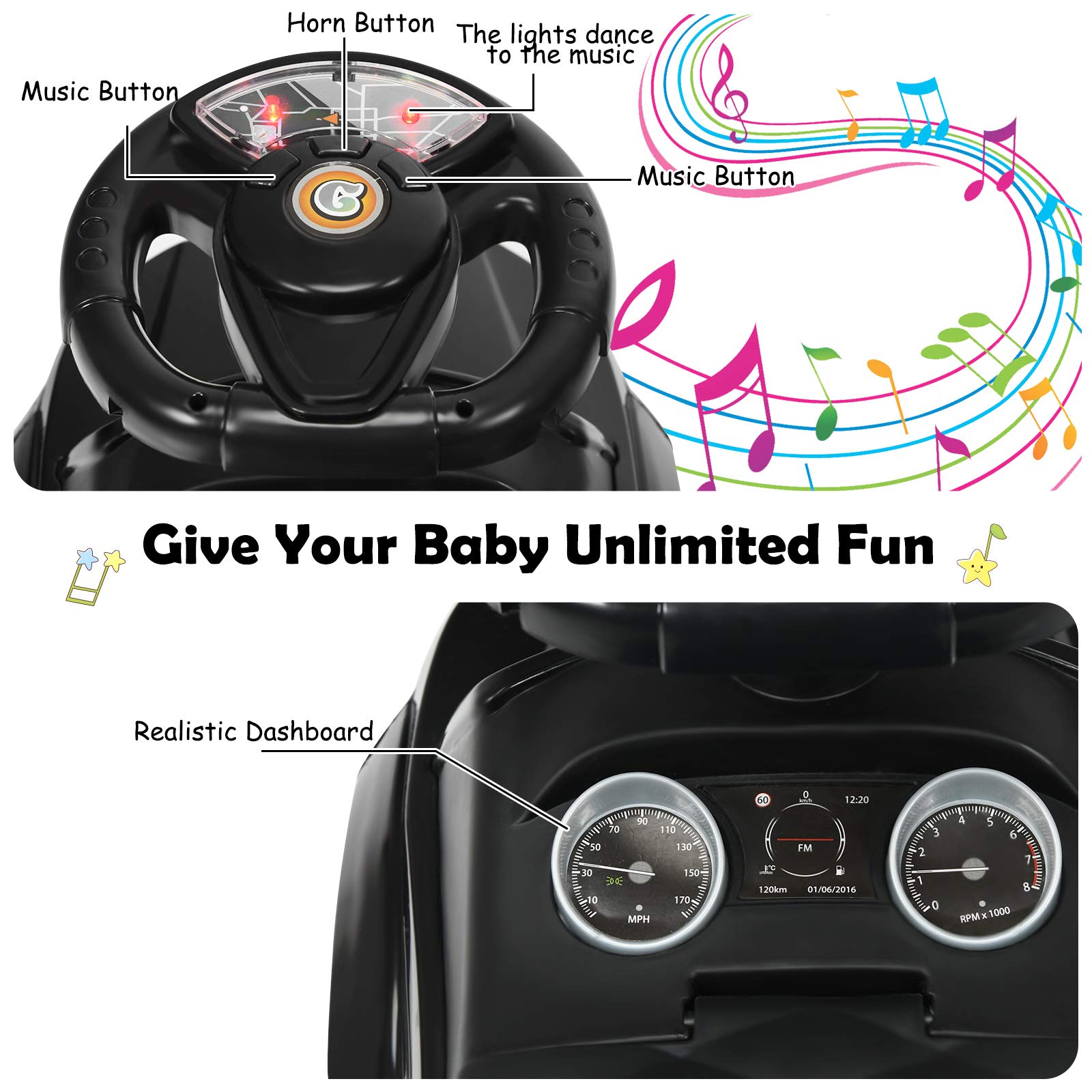 HONEY JOY 3 in 1 Kids Ride On Push Car, Stroller Sliding Walking Car with Horn, Music, Light