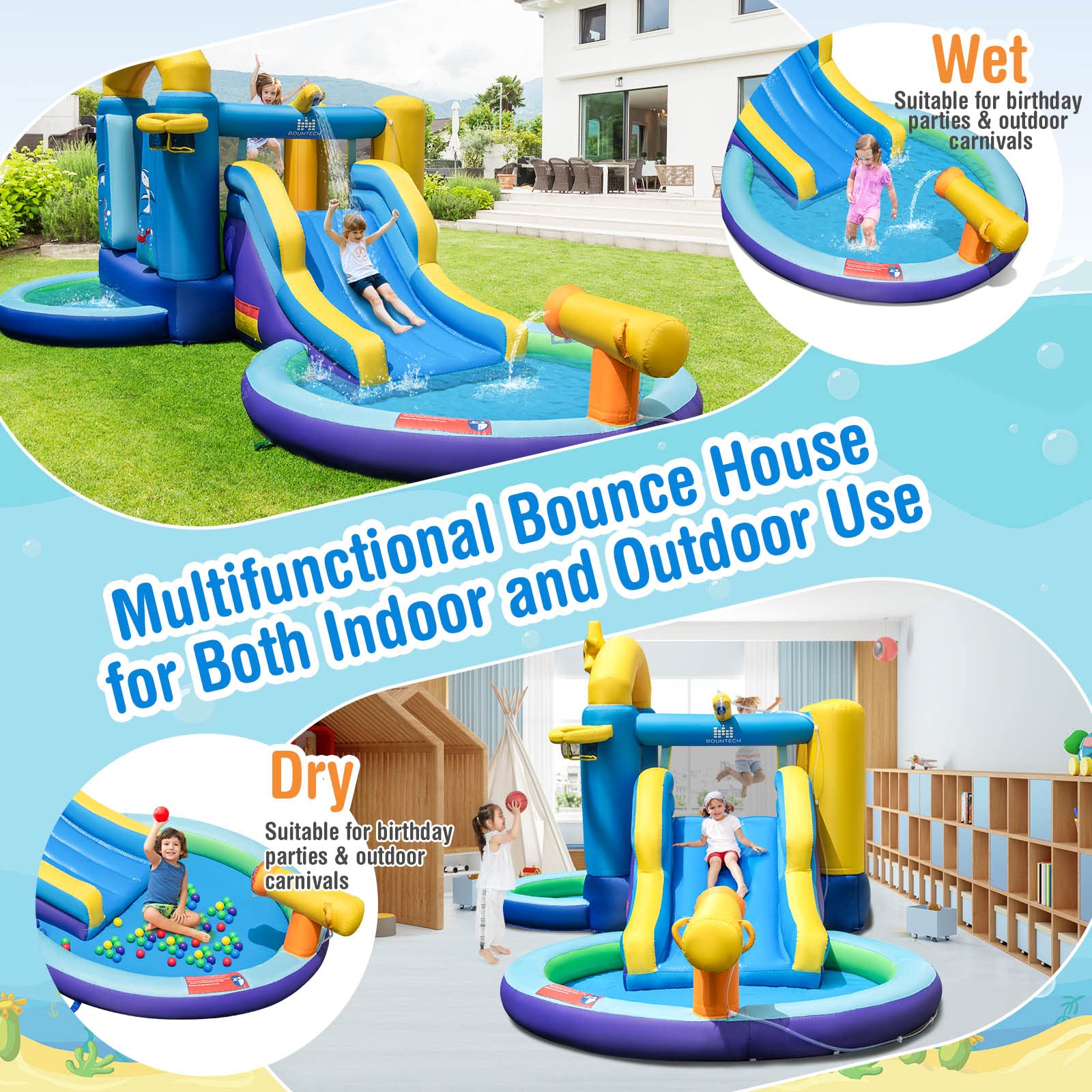 Inflatable Water Slide, Inflatable Water Park Jumping Castle w/2 Splash Pools, Basketball Hoop