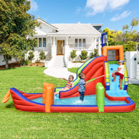 HONEY JOY Inflatable Waterslide, 6-in-1 Pirate Ship Bounce House w/Long Slide, Climbing Wall