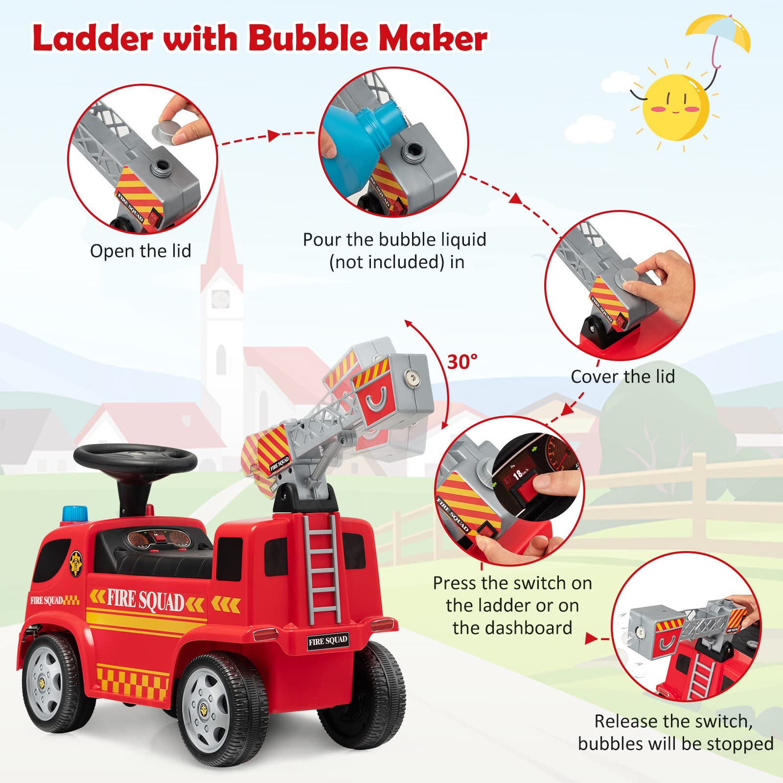 HONEY JOY Kids Ride On Car, Prentend Play Ride On Fire Engine Truck w/Bubble Maker, Bright Lights