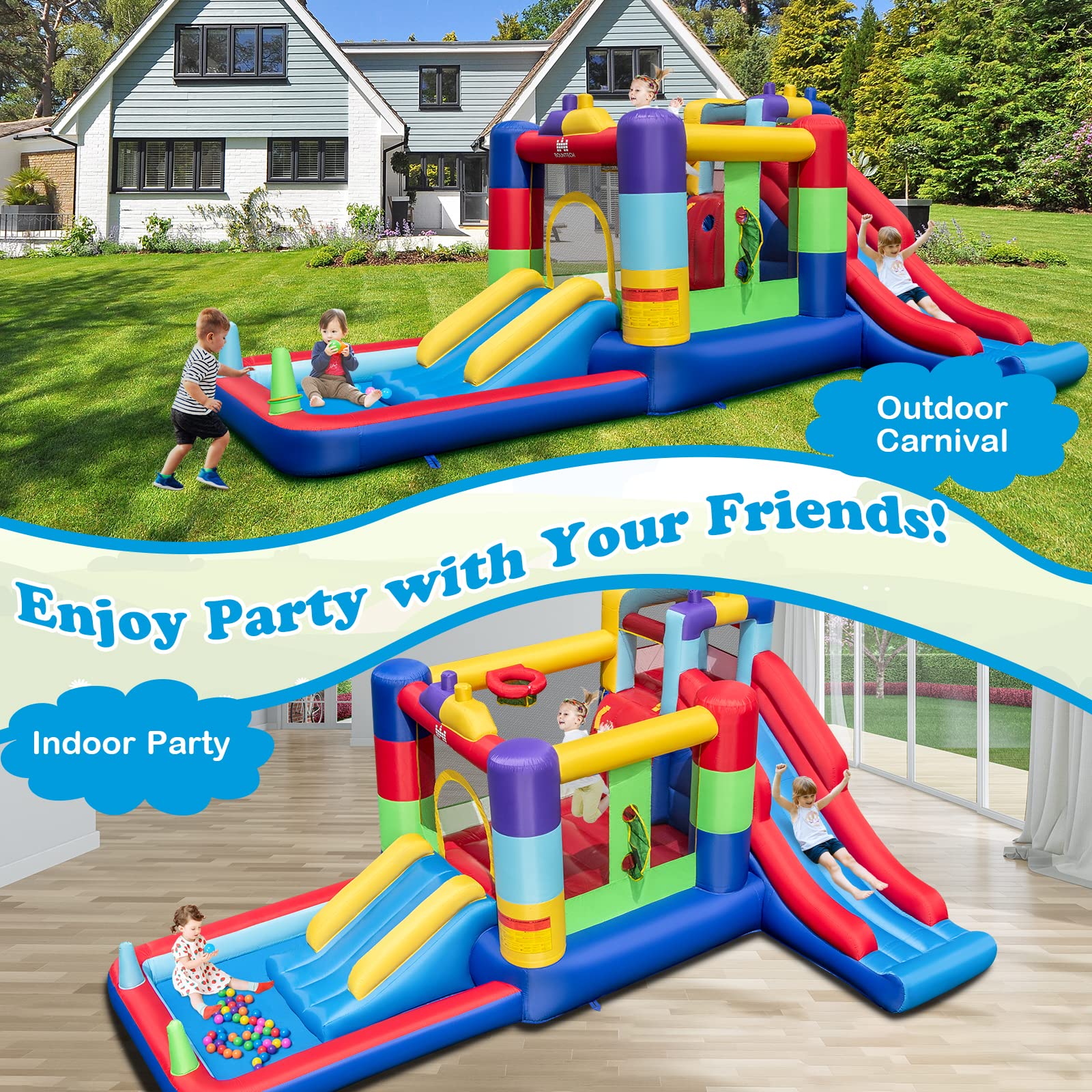 Inflatable Bounce House, Backyard Kids Jumping Castle w/2 Slides, Basketball Hoop, Ball Pool