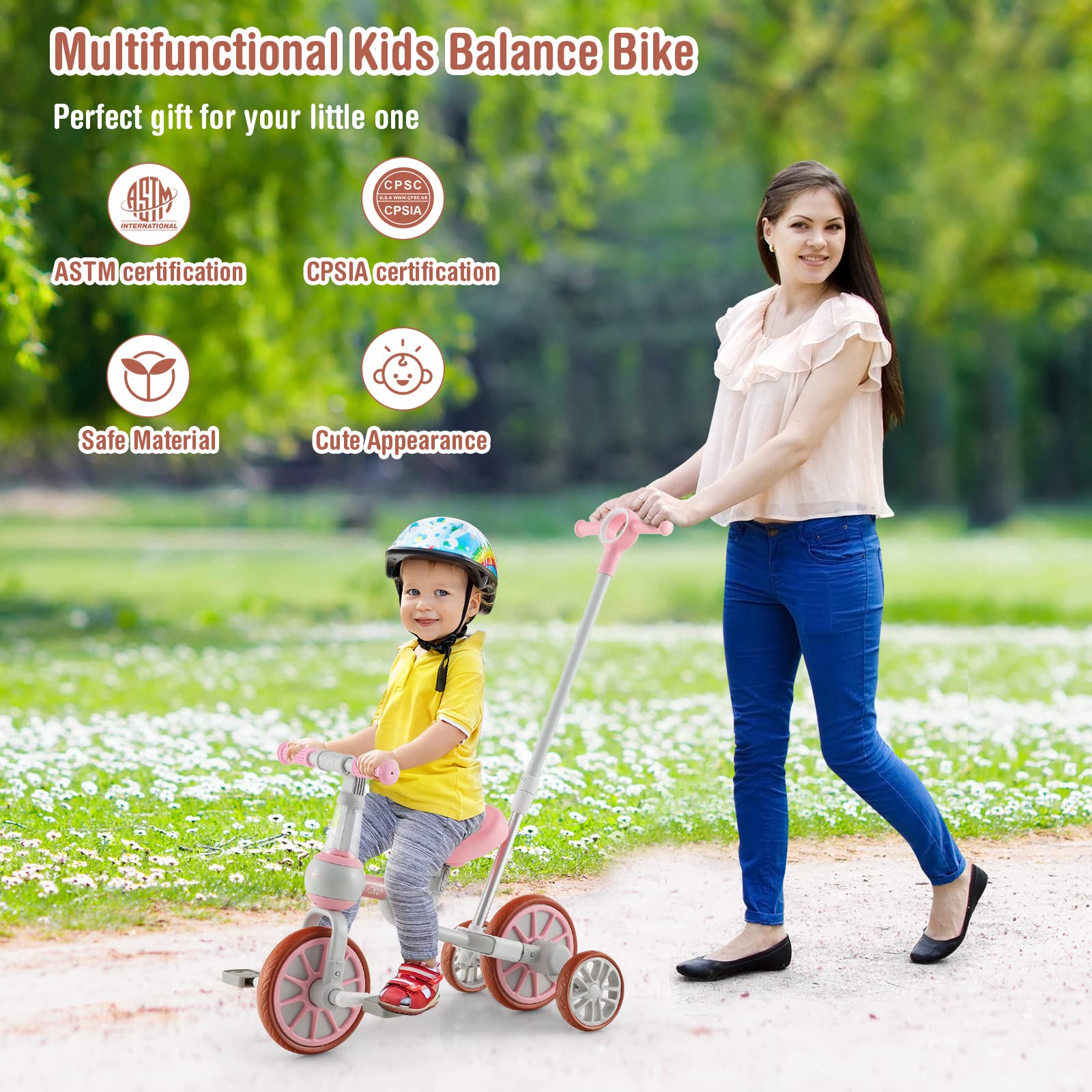 HONEY JOY 4-in-1 Toddler Tricycle, Kids Training Balance Bike w/Adjustable Parent Handle