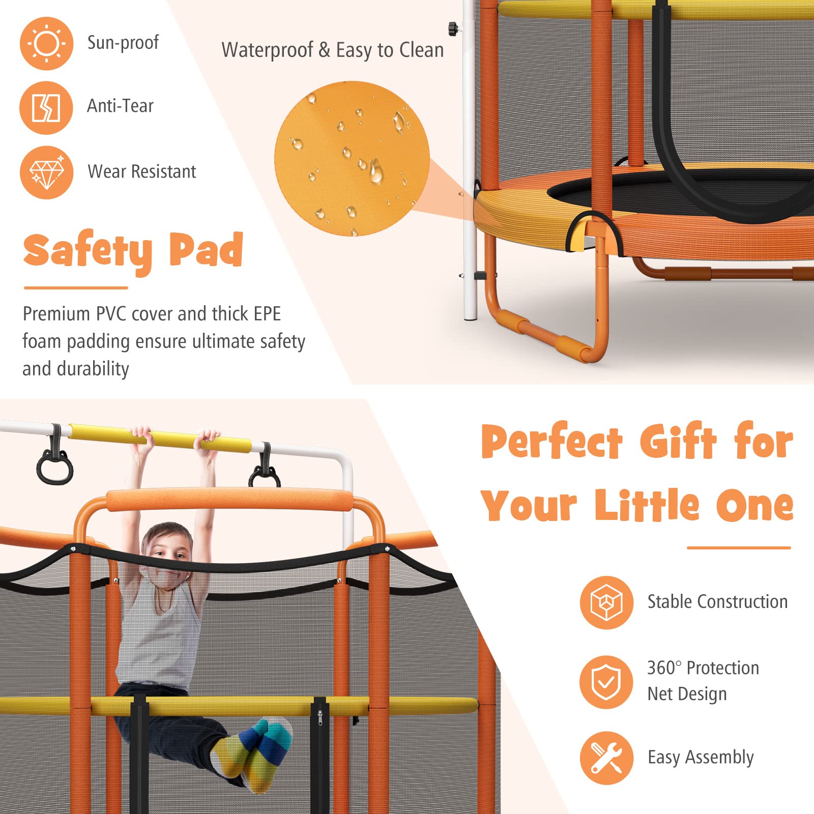 HONEY JOY 60"/5FT Trampoline for Kids, 3-in-1 Heavy Duty Mini Trampoline w/Ring and Horizontal Bar